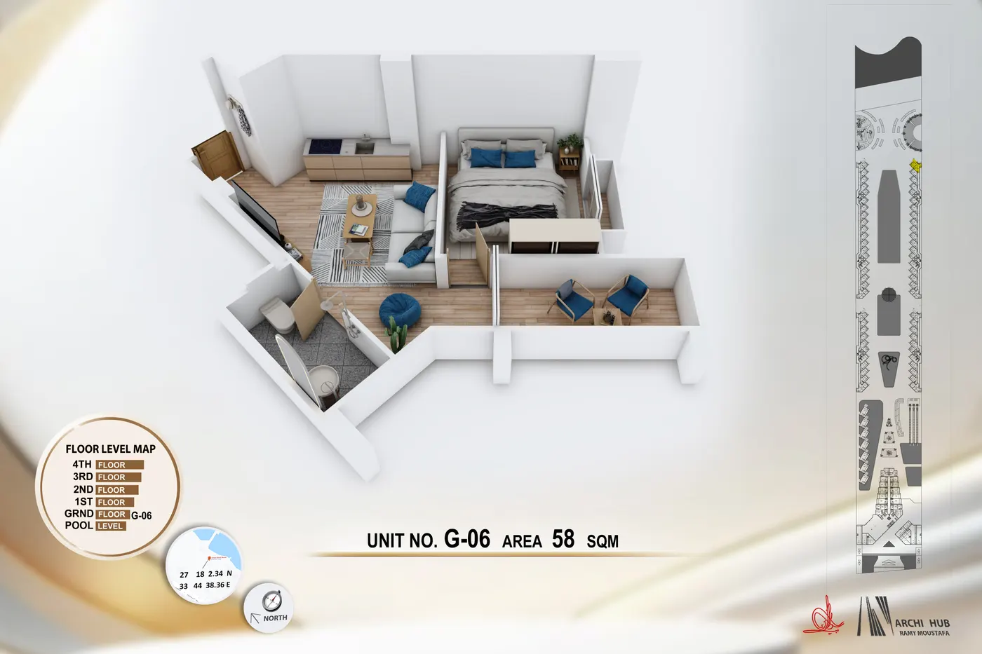 3D floor plan render of unit G6