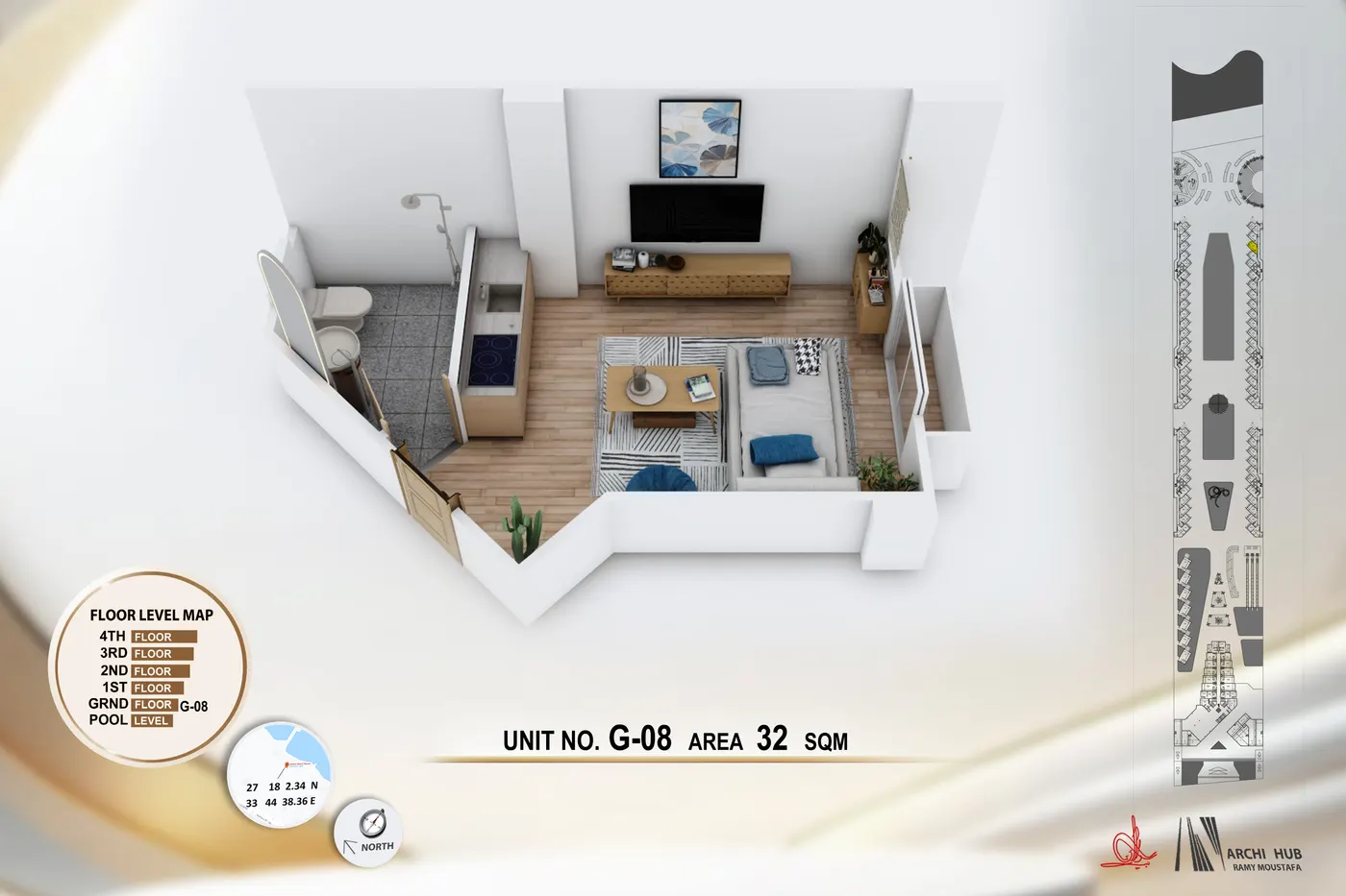 3D floor plan render of unit G8