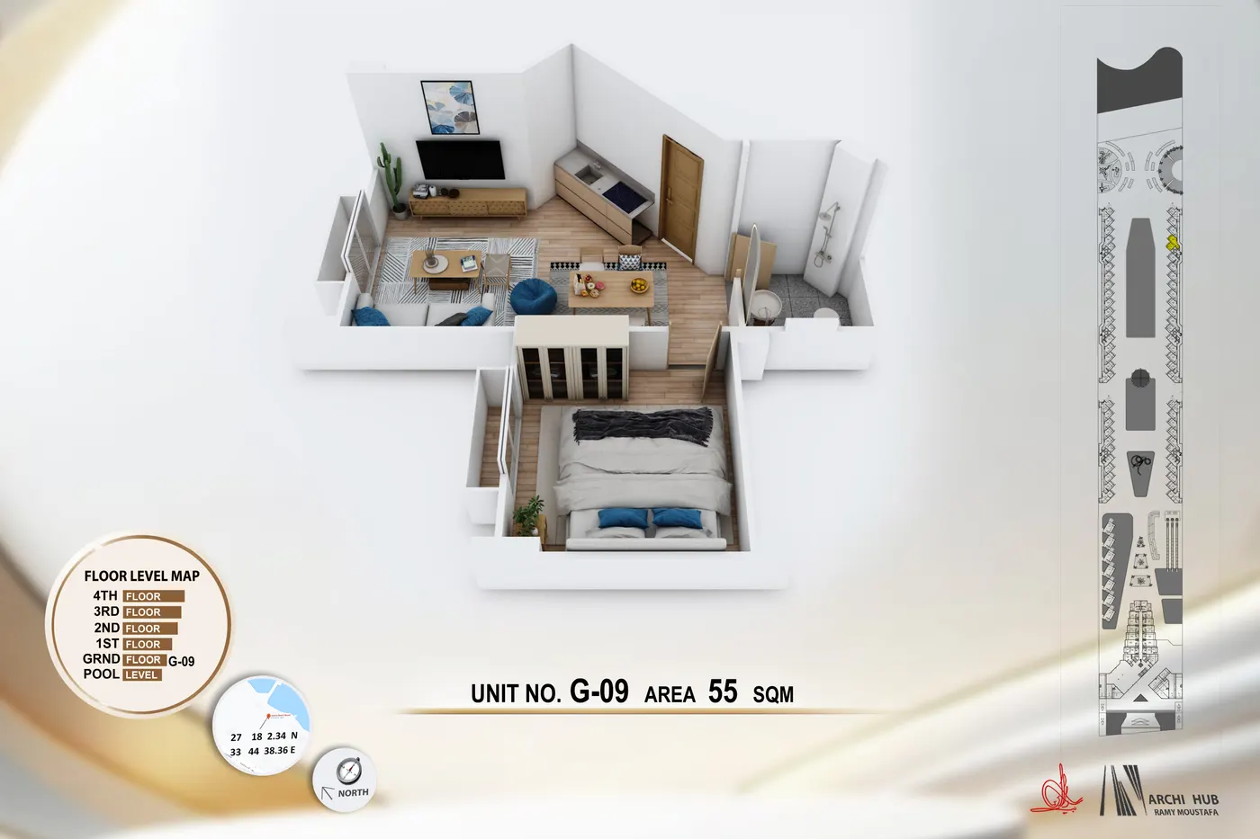 3D floor plan render of unit G9