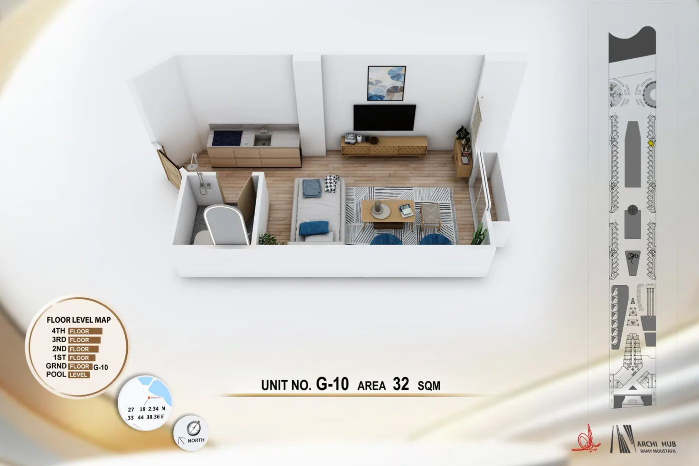 3D floor plan render of unit G10
