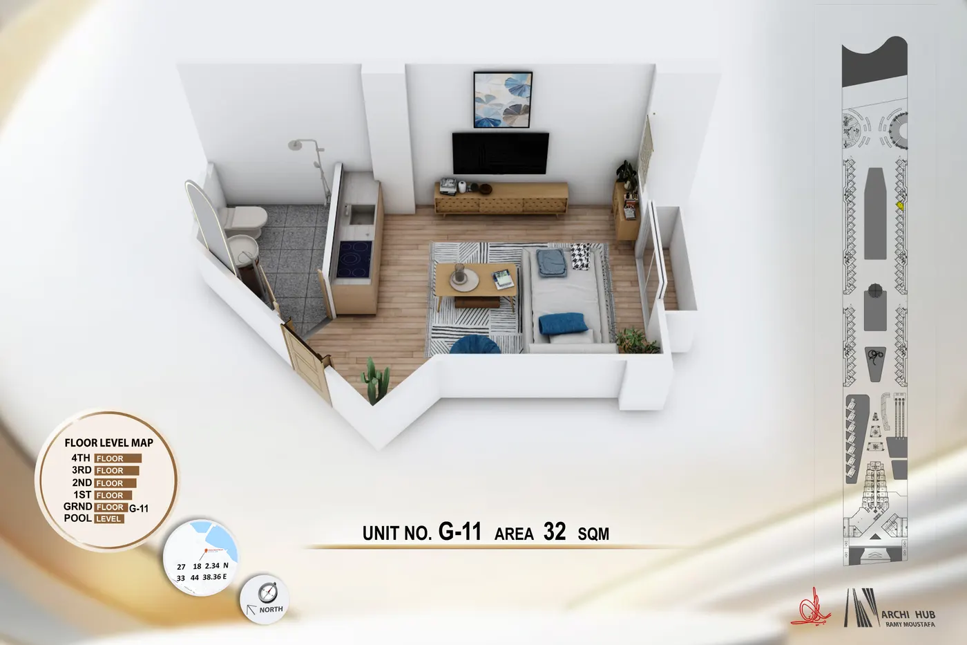 3D floor plan render of unit G11