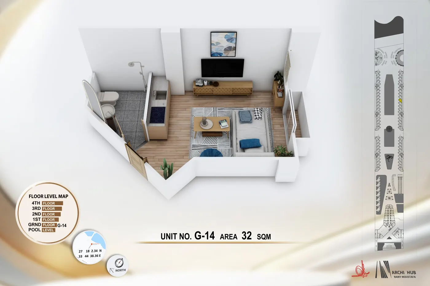 3D floor plan render of unit G14