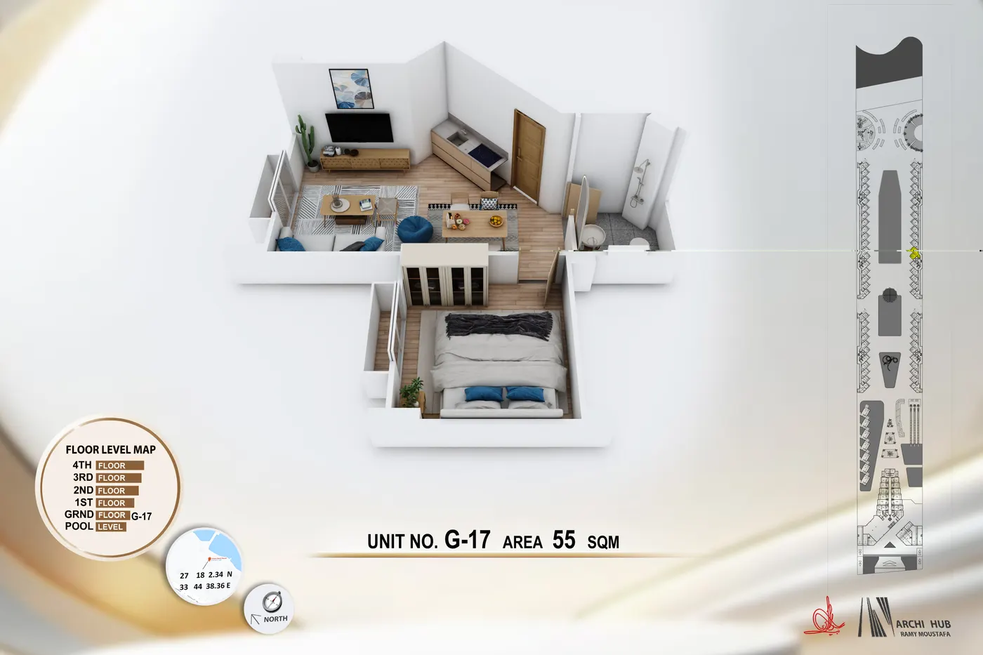 3D floor plan render of unit G17