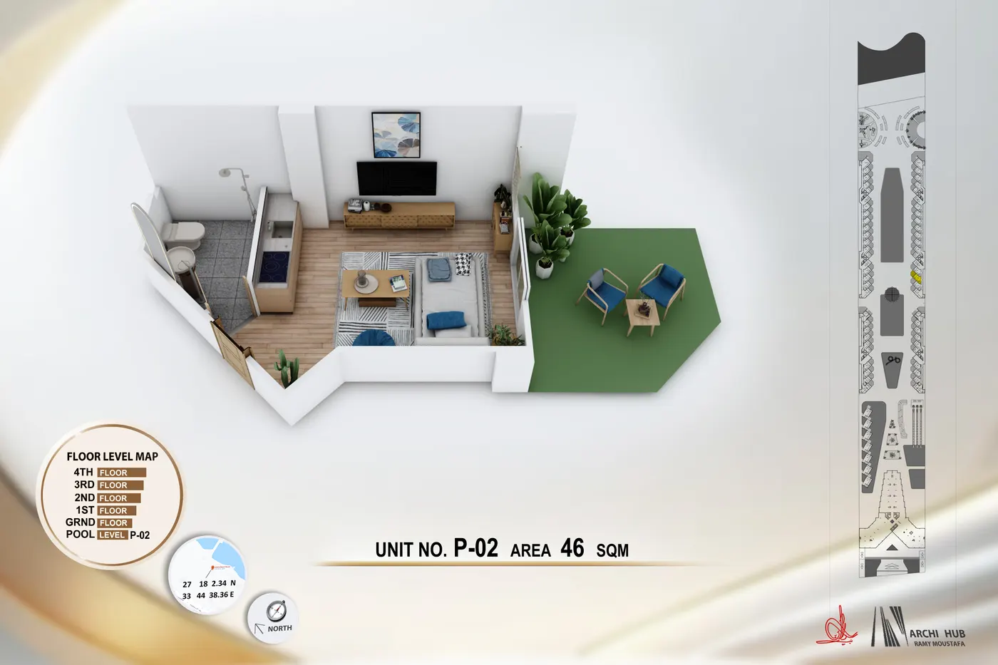 3D floor plan render of unit B2