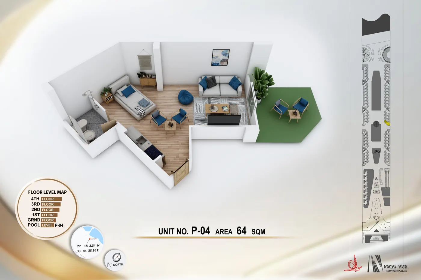 3D floor plan render of unit B4