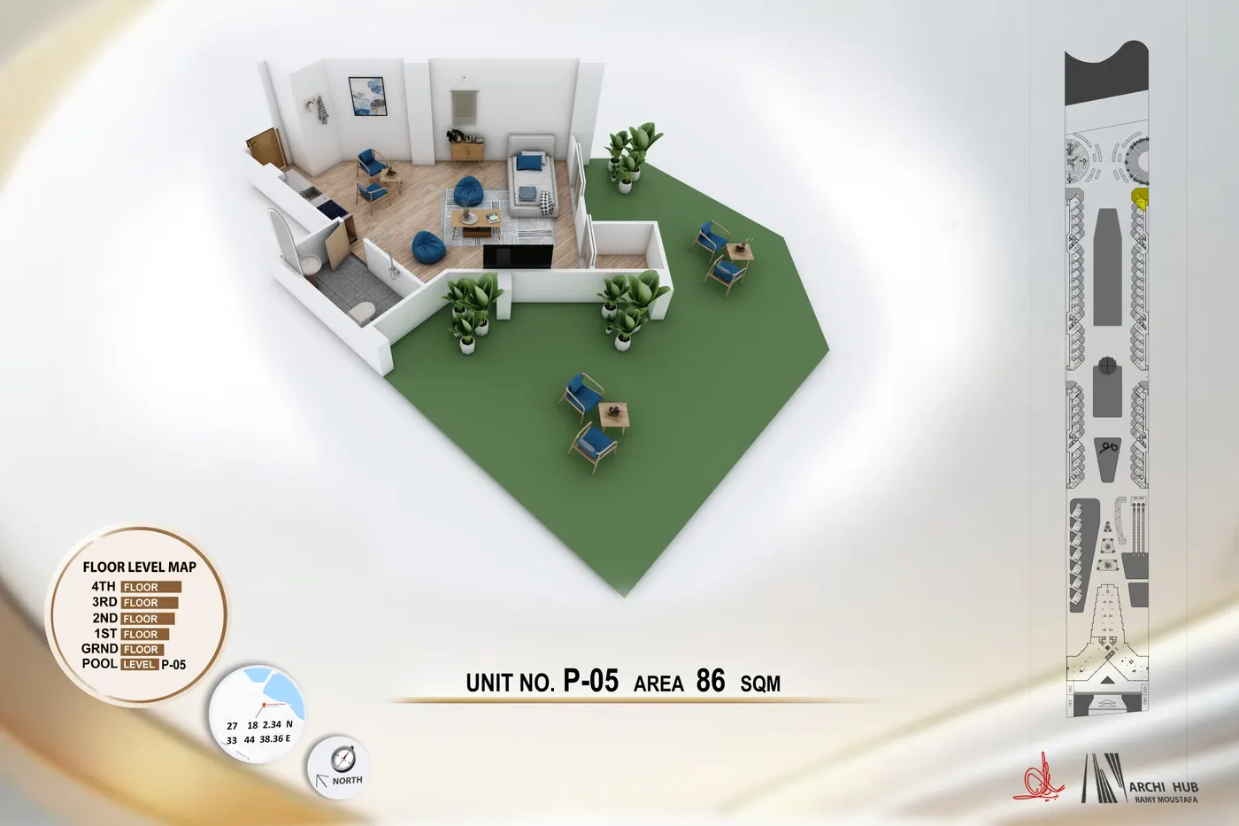3D floor plan render of unit B5