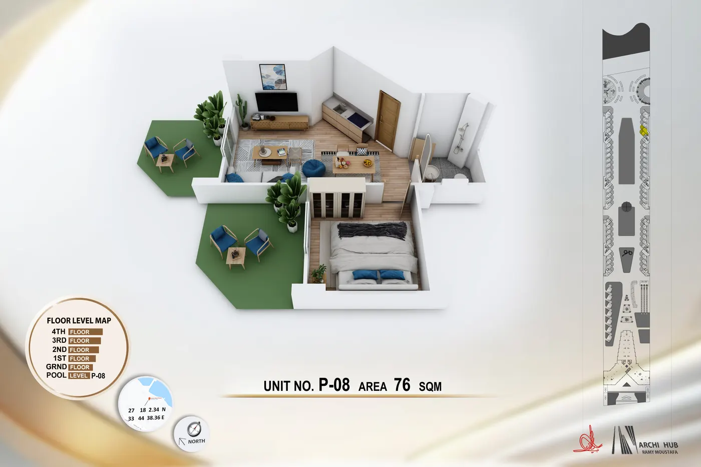 3D floor plan render of unit B8
