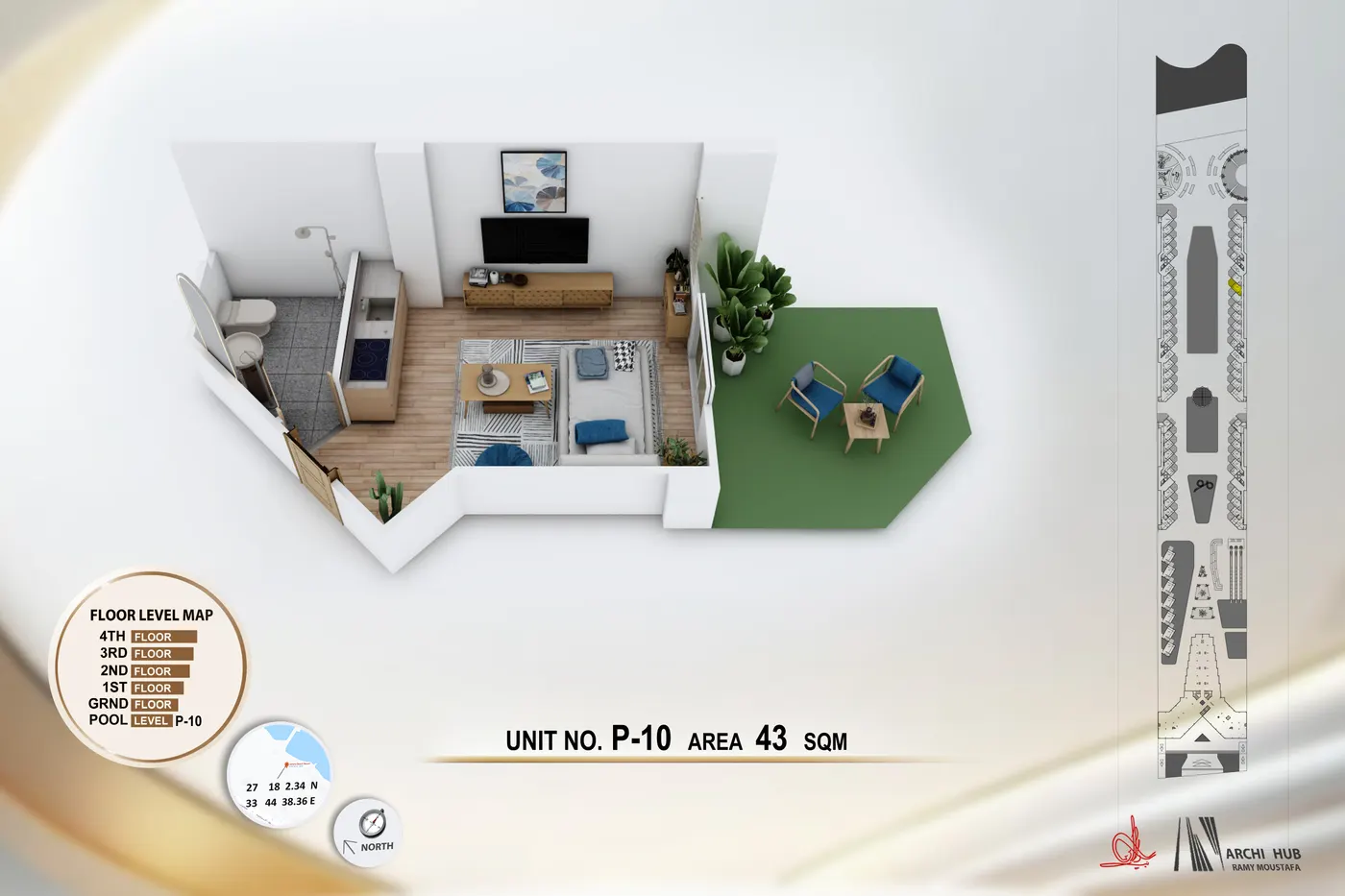 3D floor plan render of unit B10