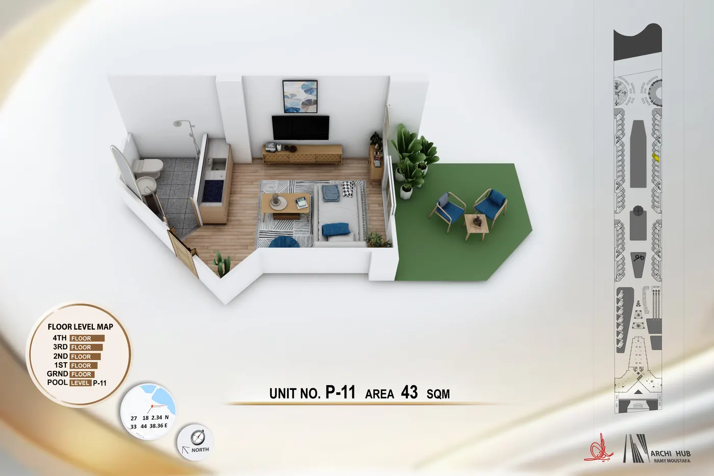 3D floor plan render of unit B11