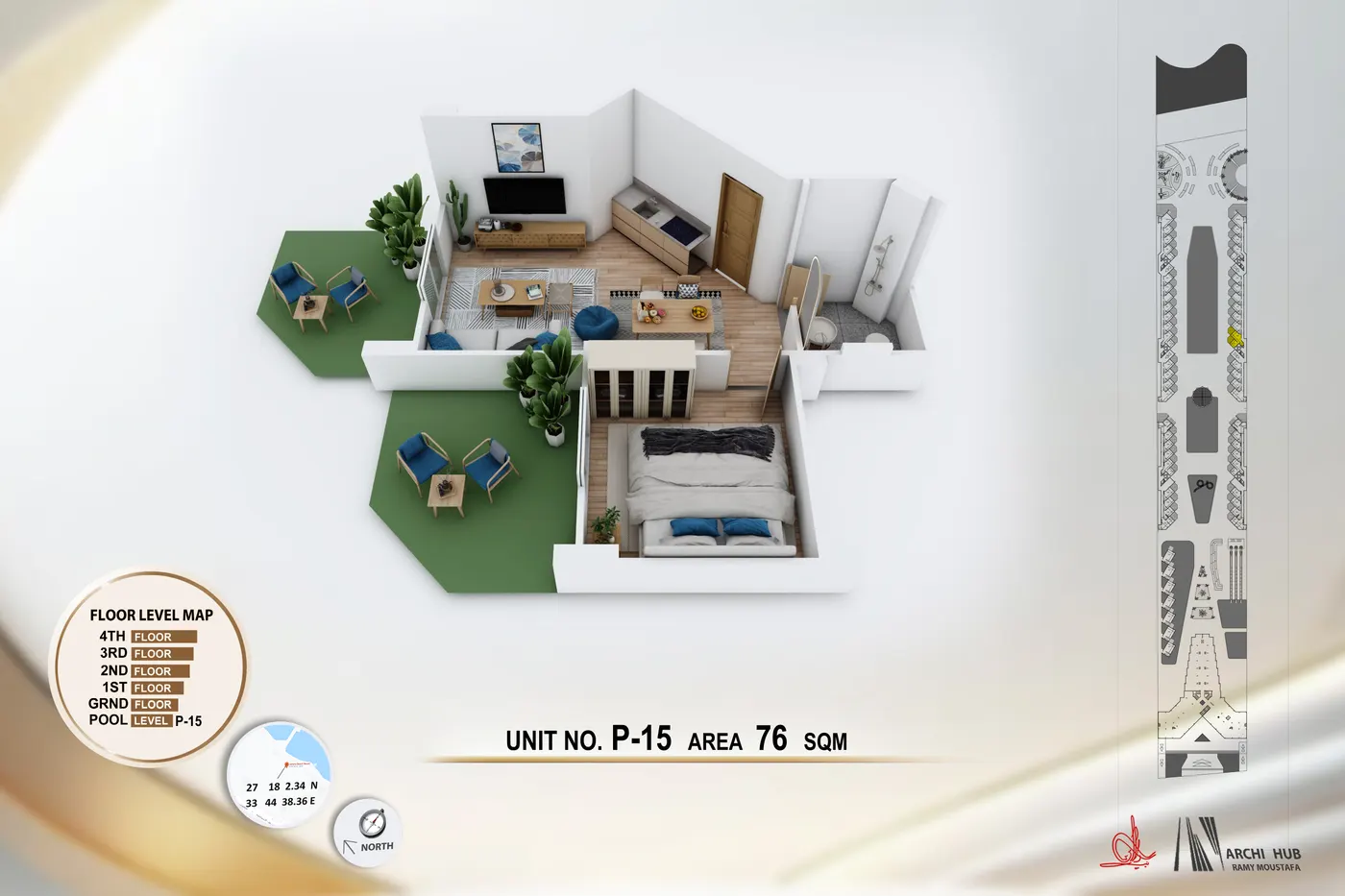 3D floor plan render of unit B15