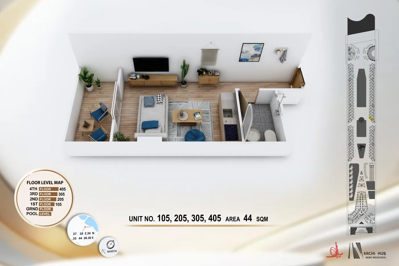 3D floor plan render of unit 205