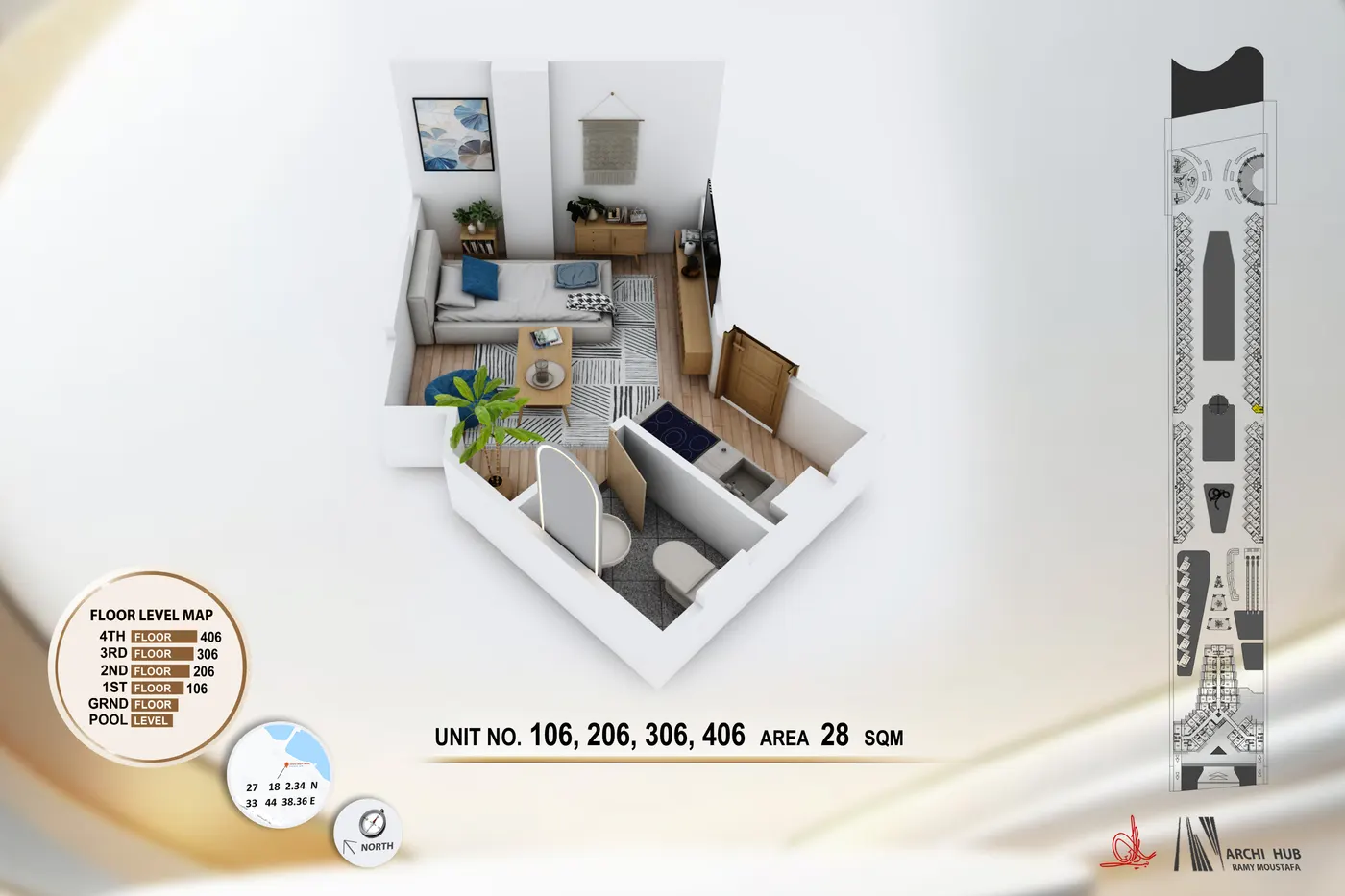 3D floor plan render of unit 206