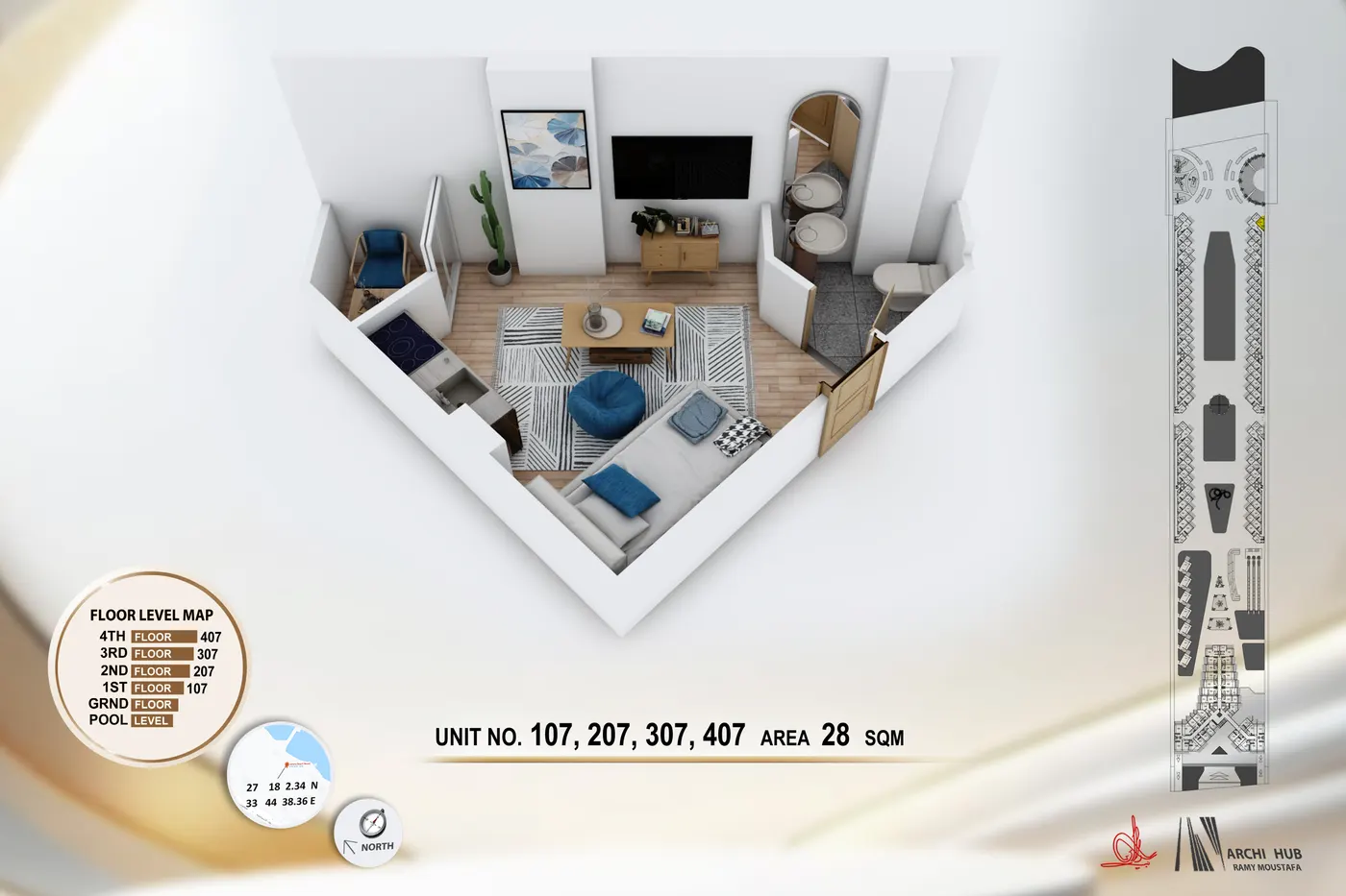3D floor plan render of unit 407