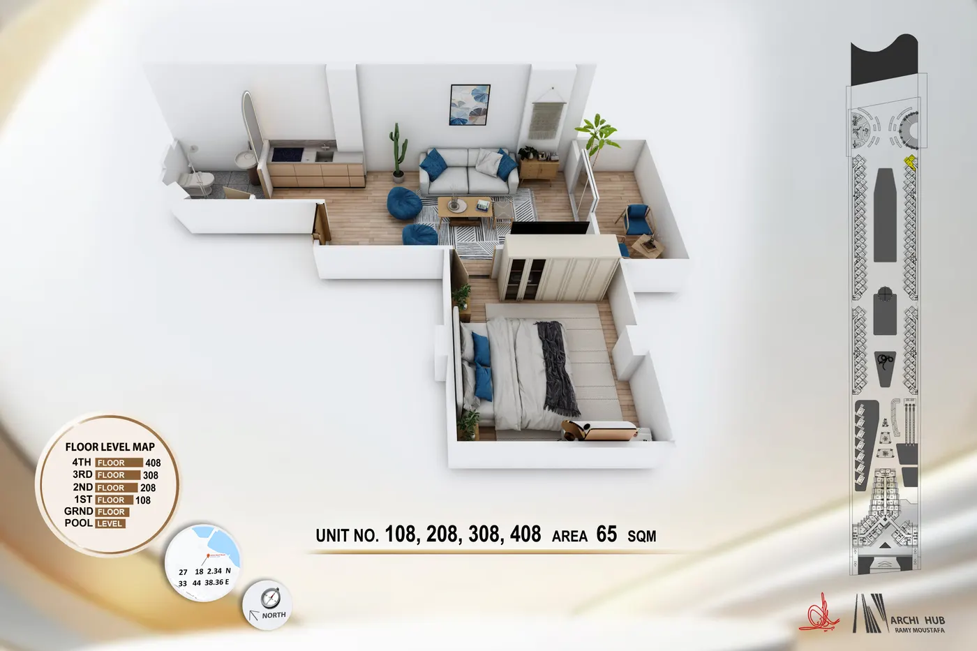 3D floor plan render of unit 208