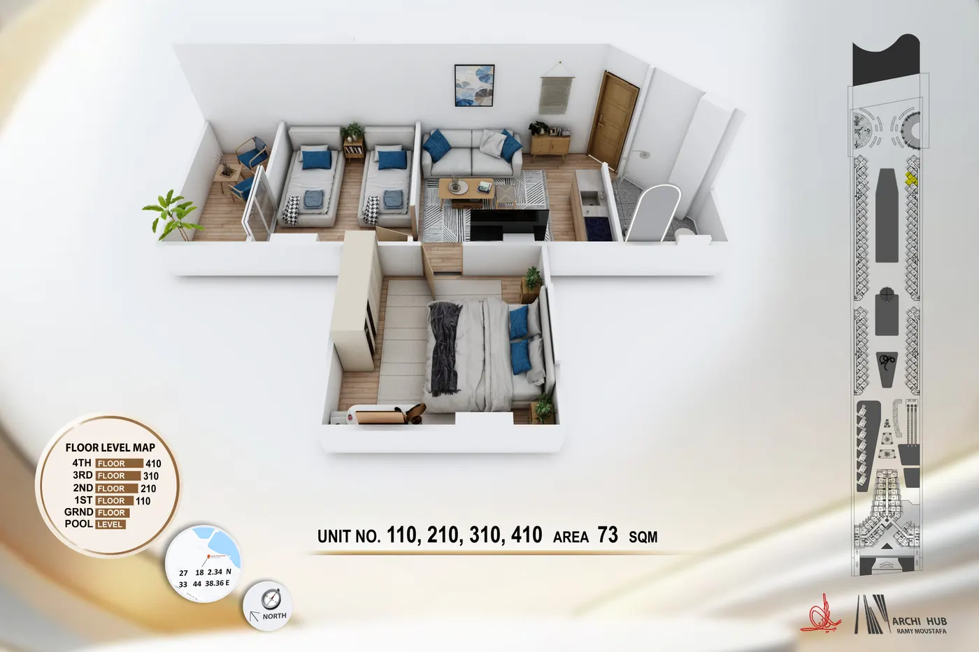 3D floor plan render of unit 110