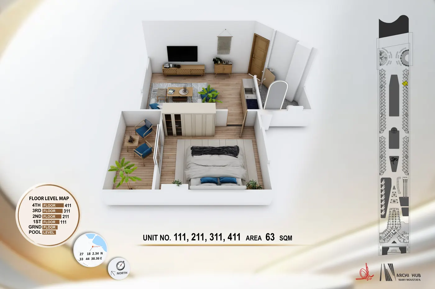 3D floor plan render of unit 211