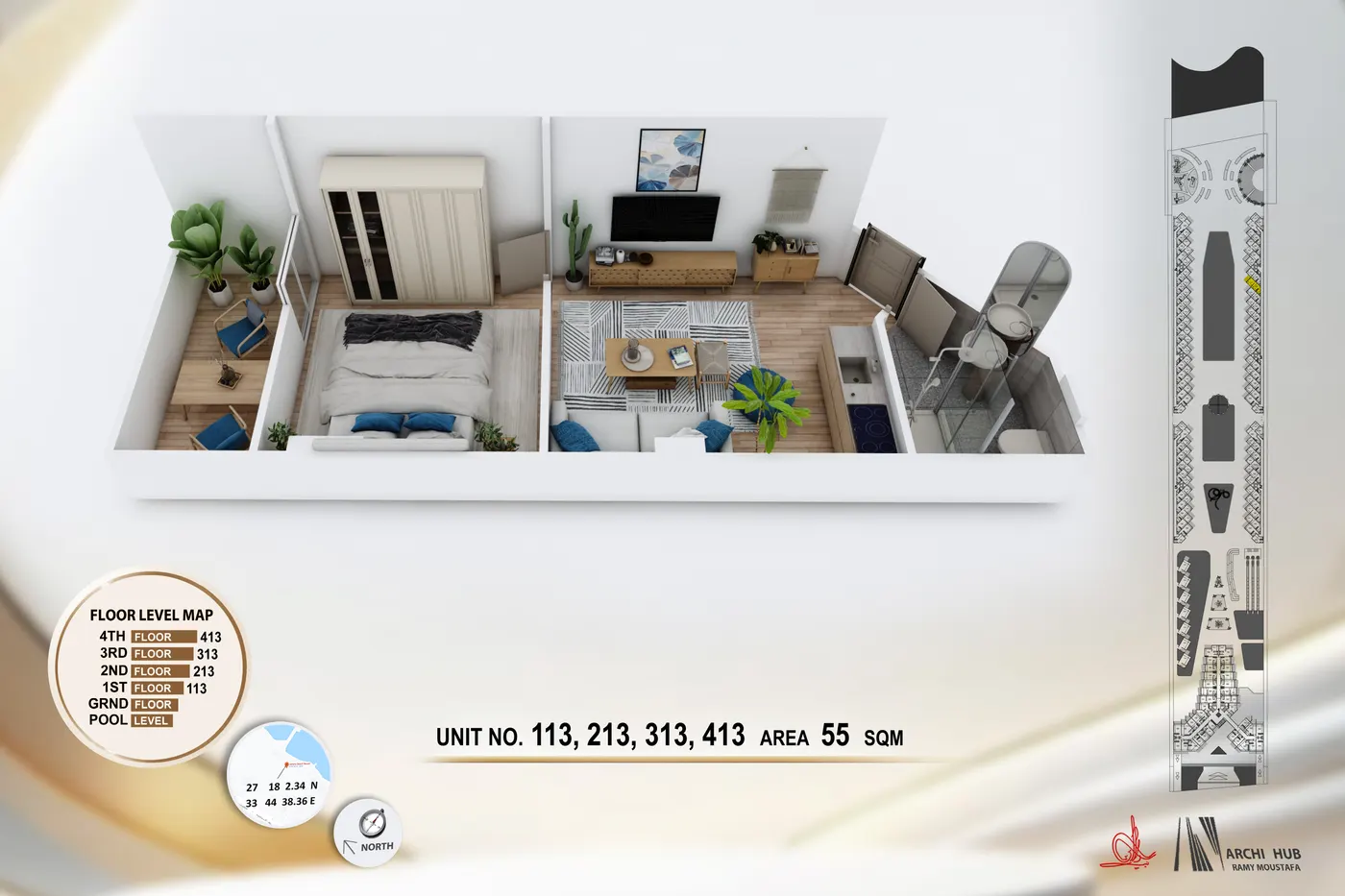 3D floor plan render of unit 413