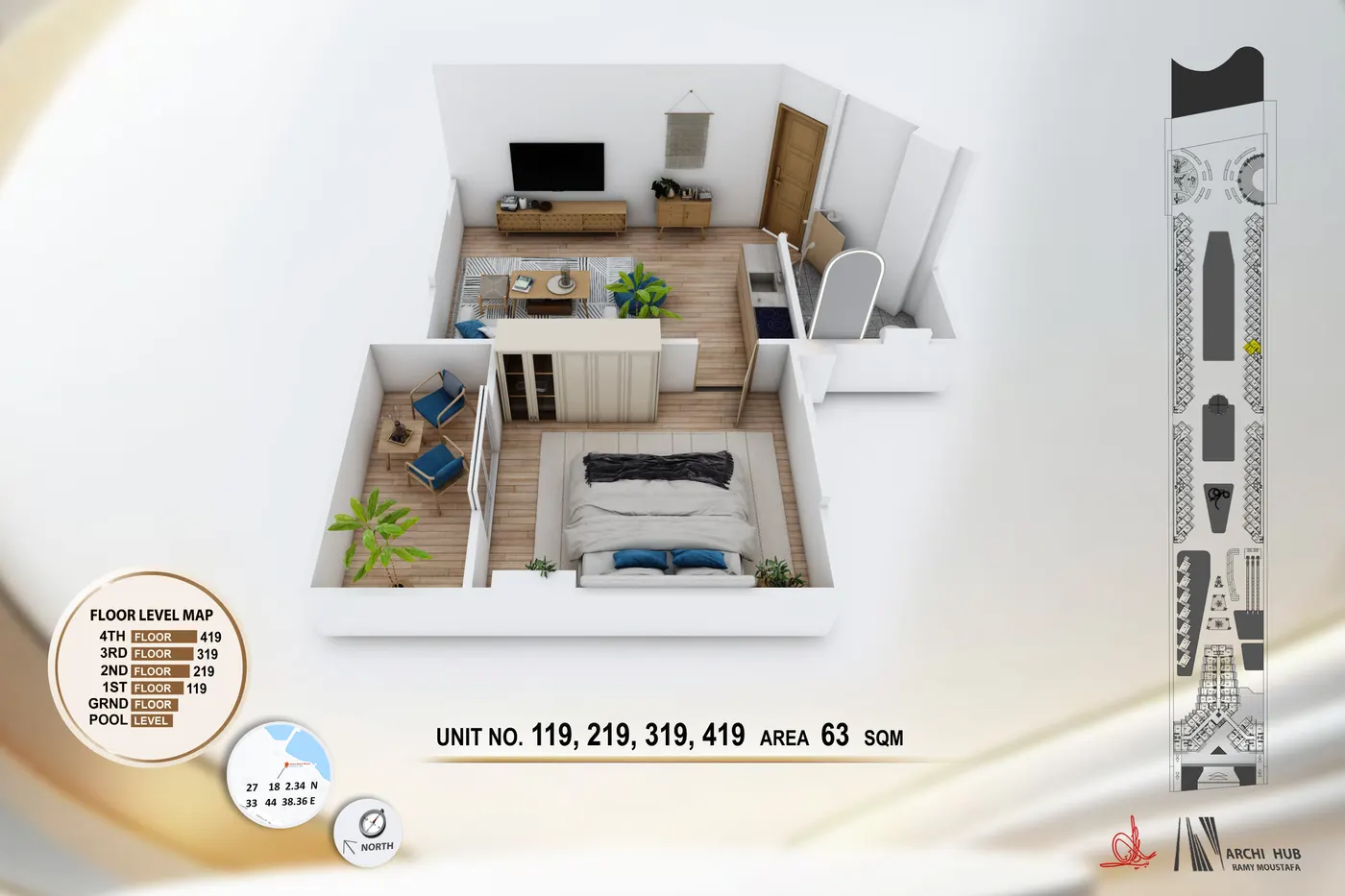 3D floor plan render of unit 219