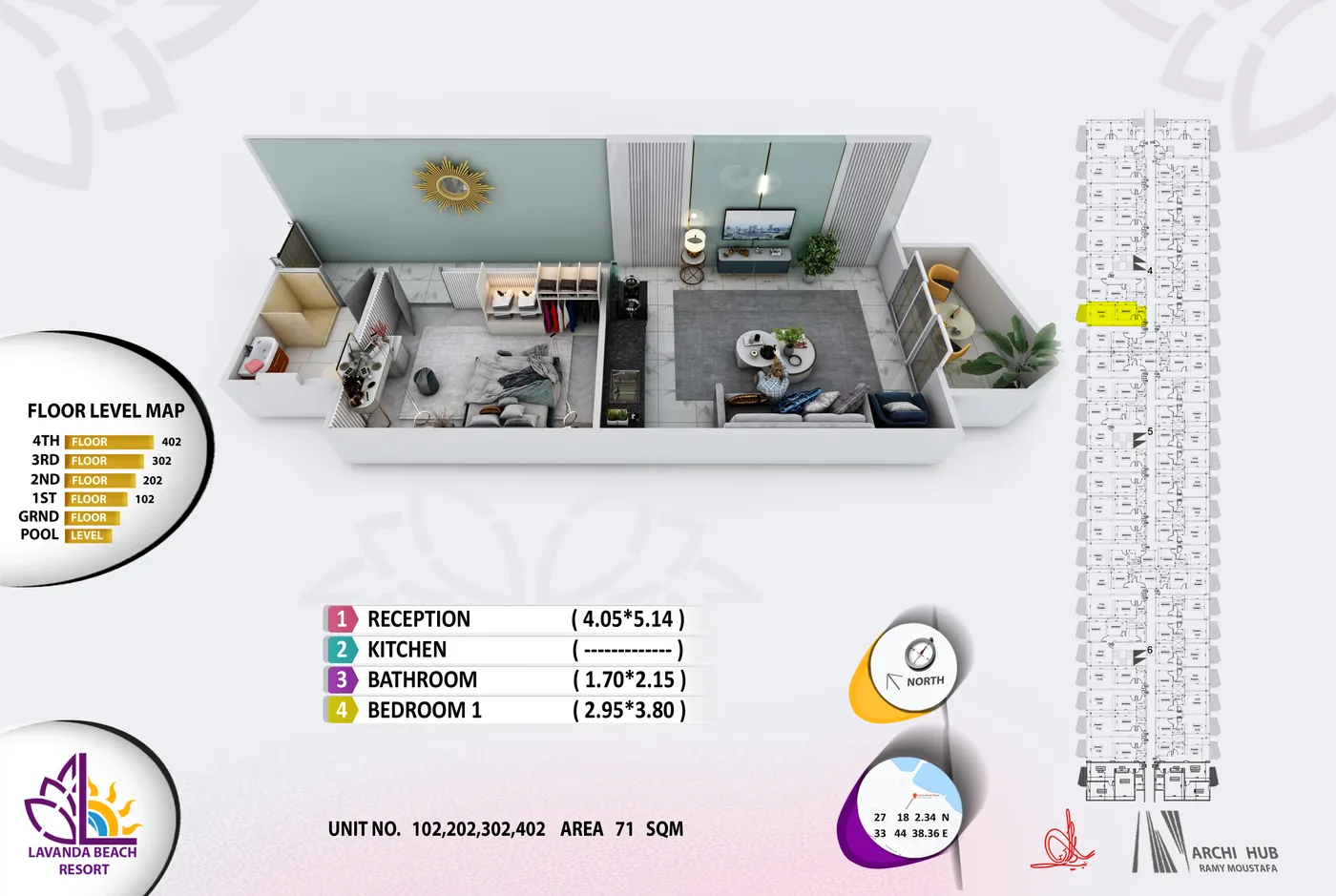 3D floor plan render of unit 202