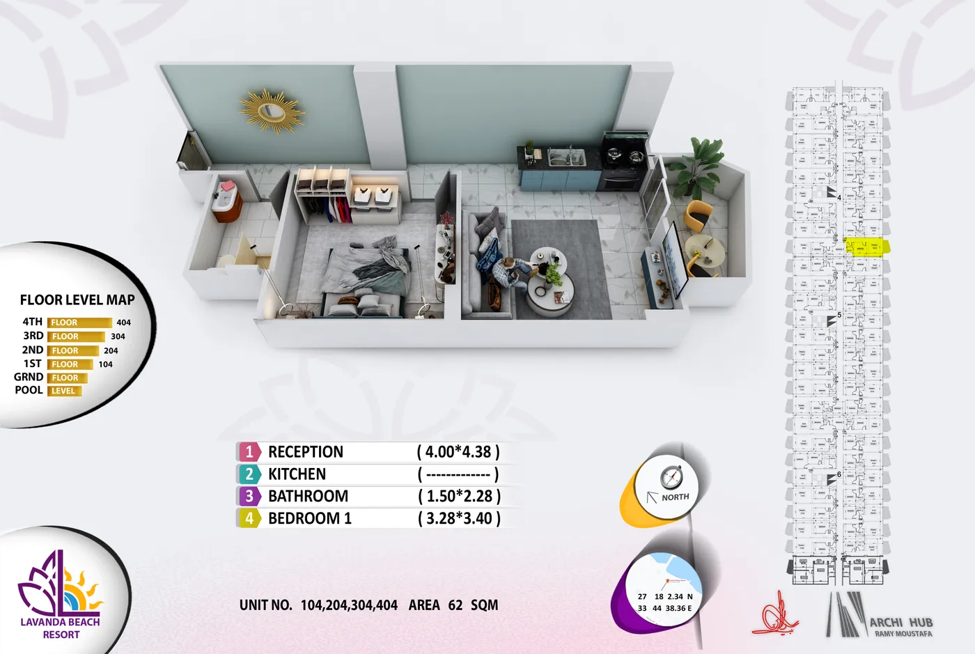 3D floor plan render of unit 104
