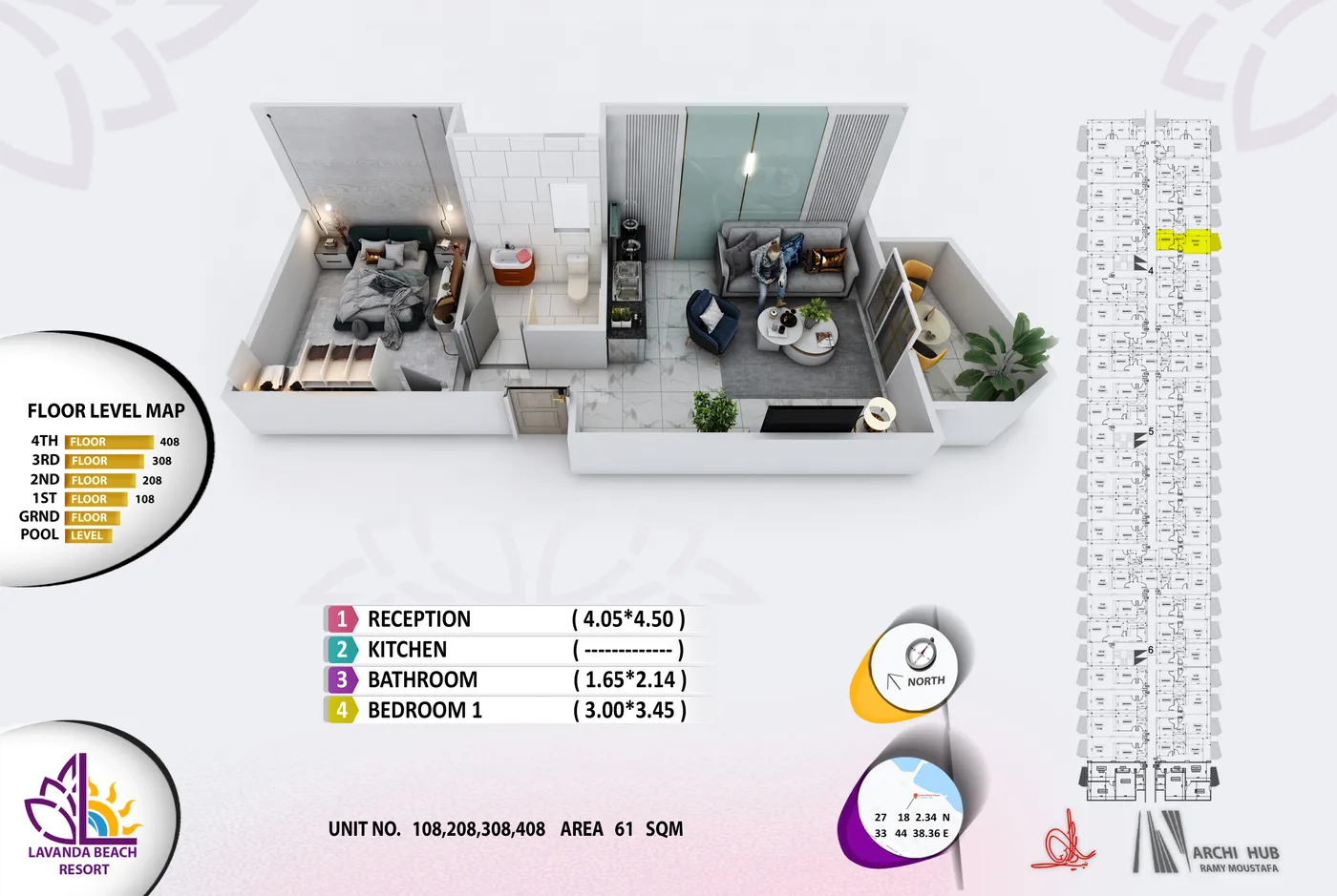 3D floor plan render of unit 108