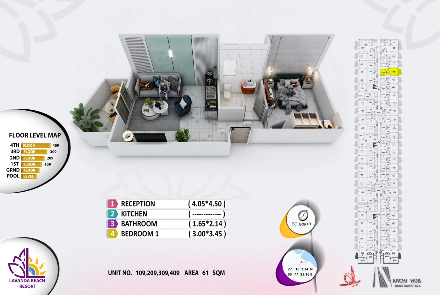 3D floor plan render of unit 109