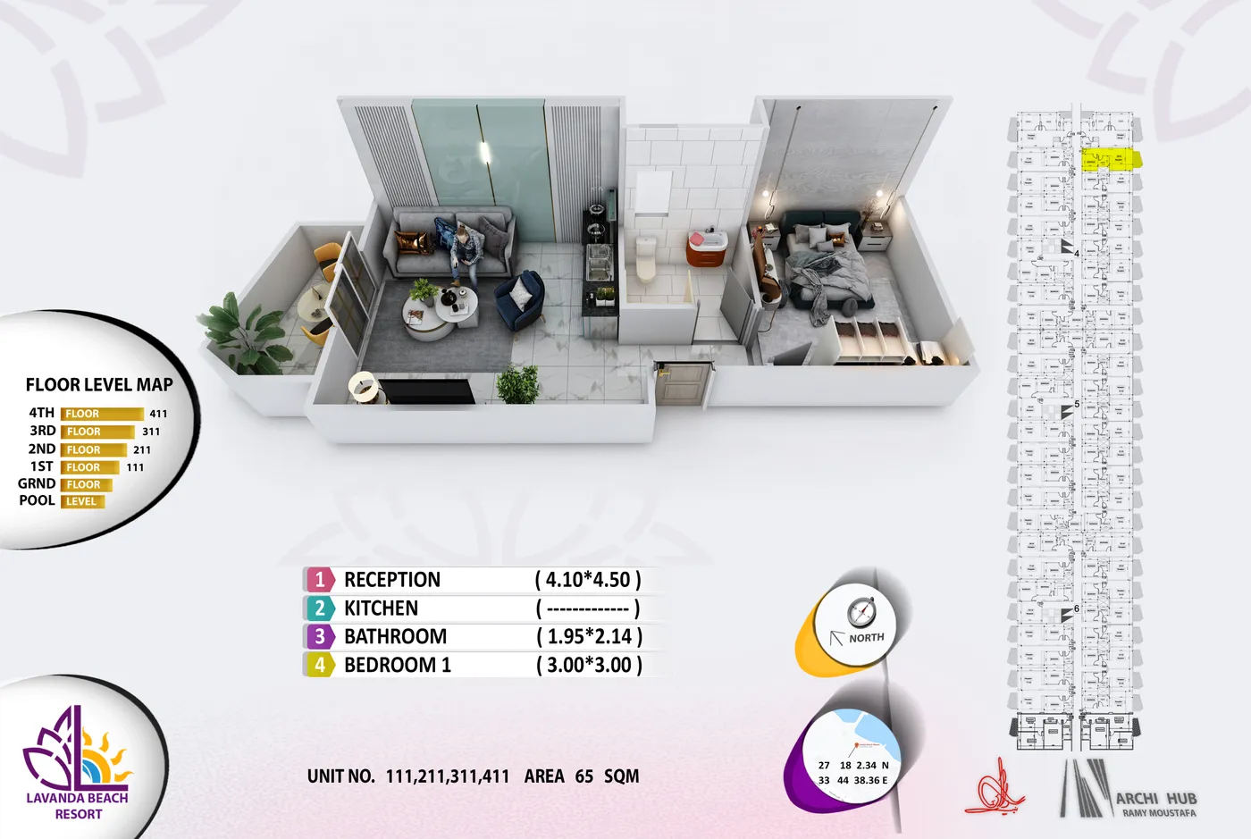 3D floor plan render of unit 211