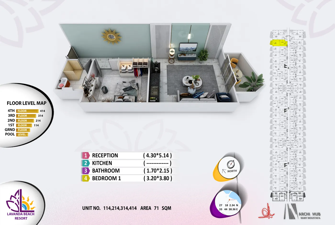 3D floor plan render of unit 114