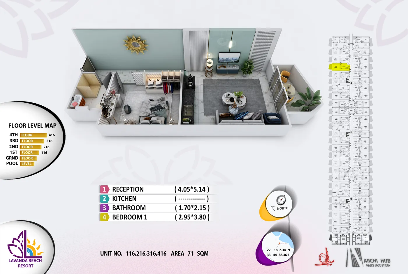 3D floor plan render of unit 216