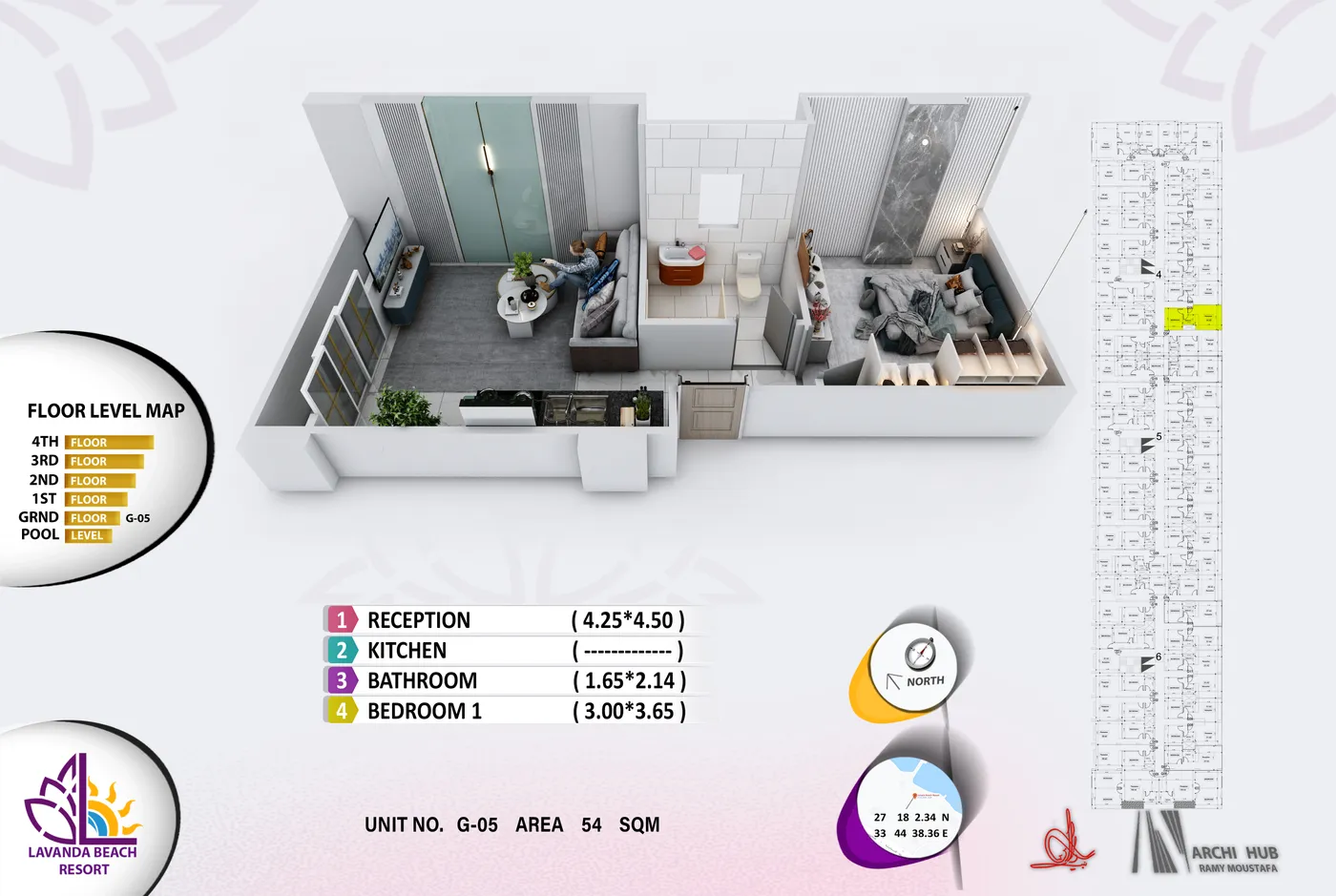3D floor plan render of unit G5