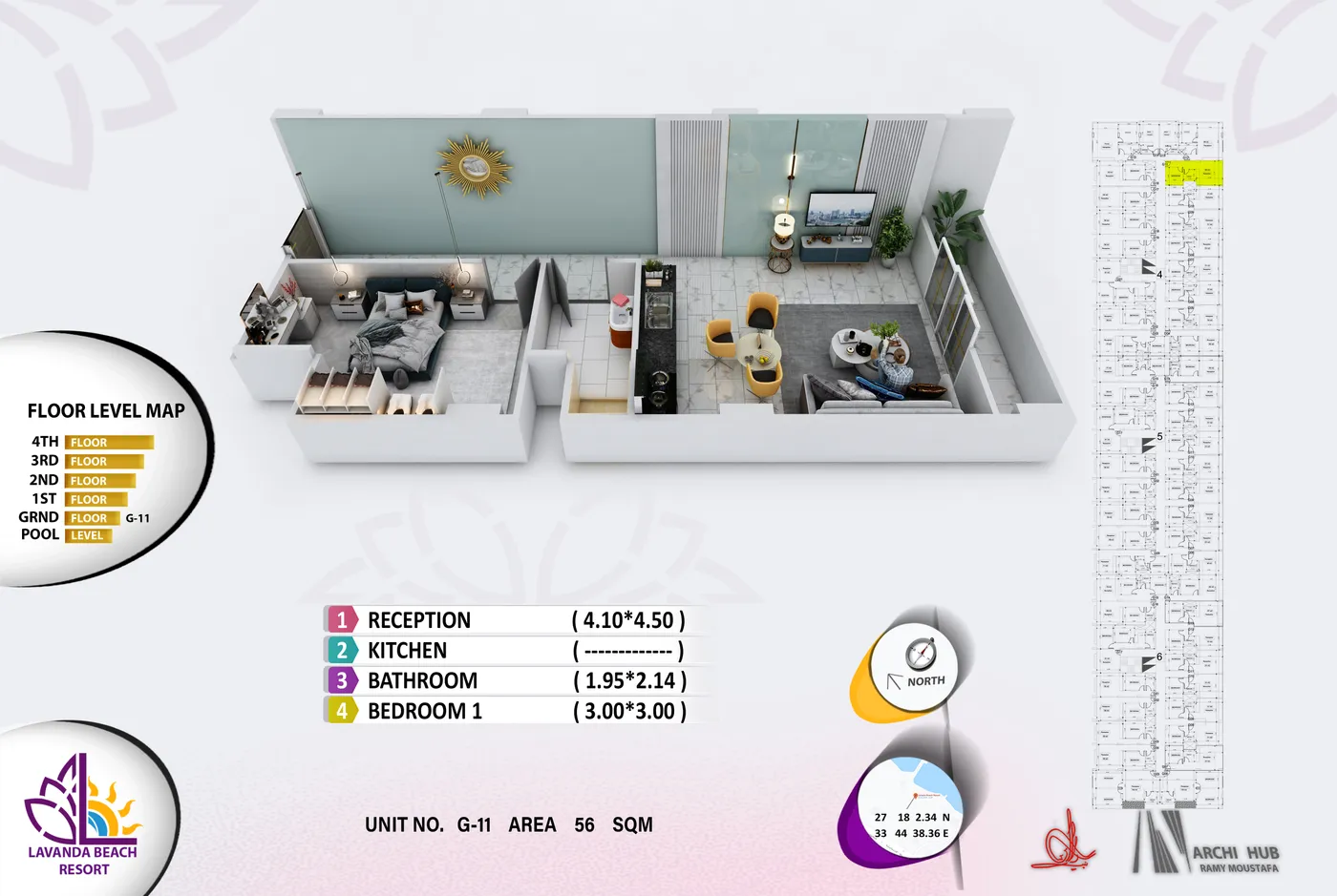 3D floor plan render of unit G11