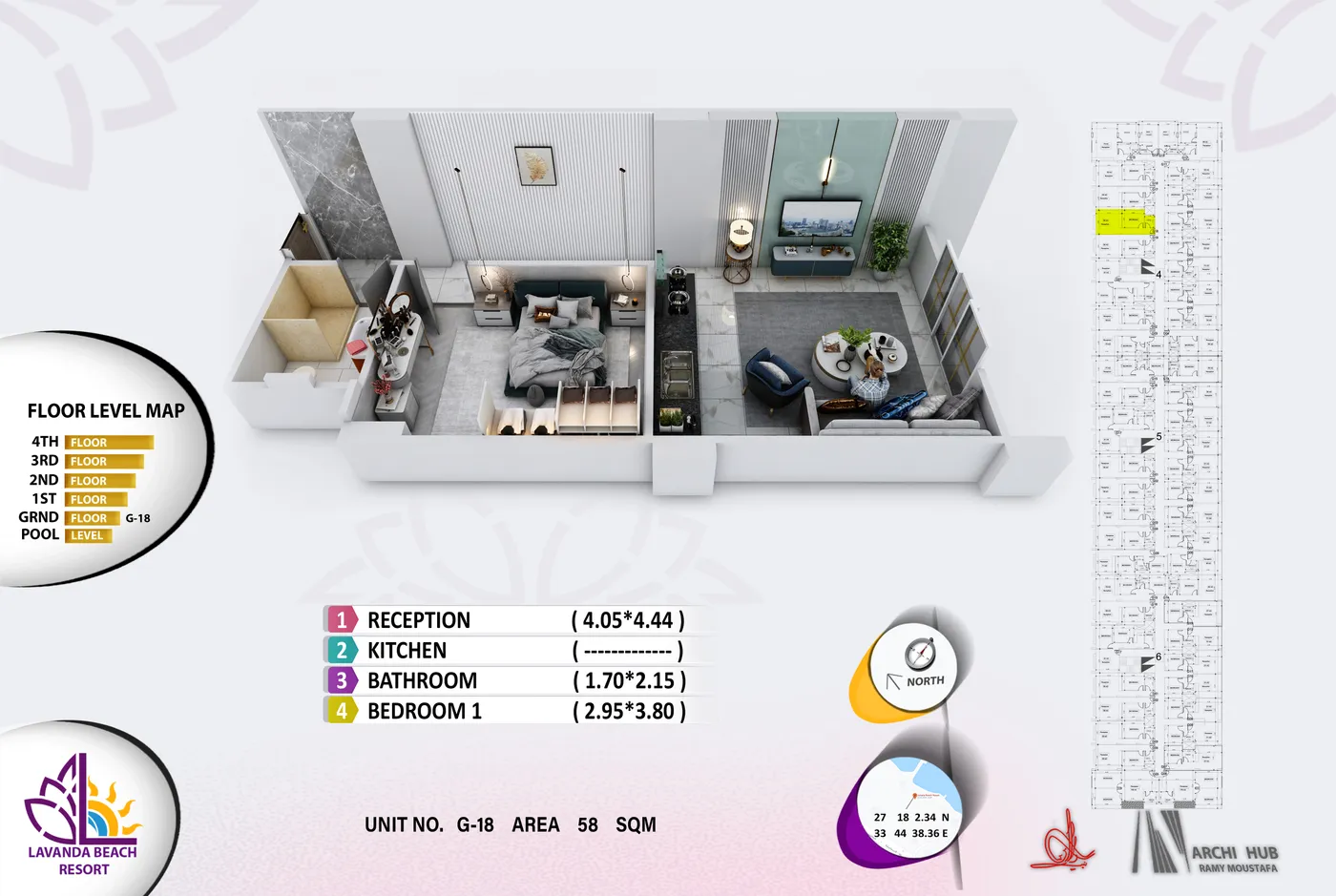 3D floor plan render of unit G18