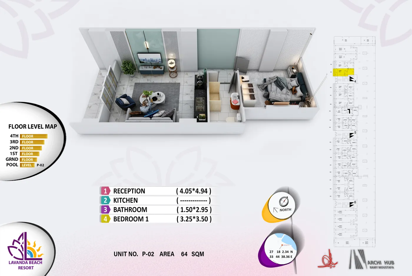 3D floor plan render of unit B2