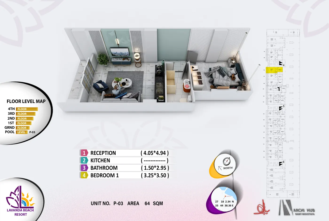 3D floor plan render of unit B3