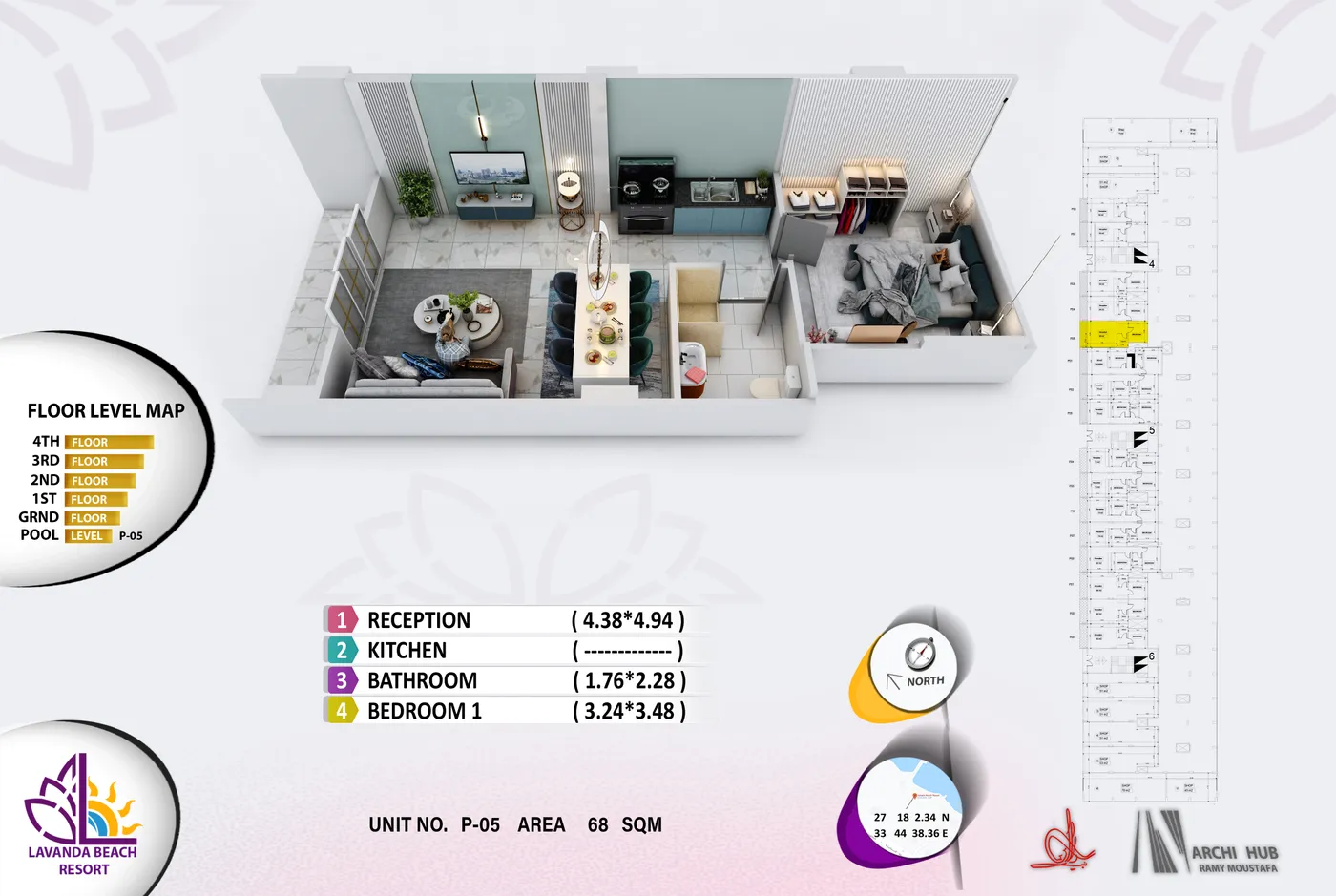 3D floor plan render of unit B5