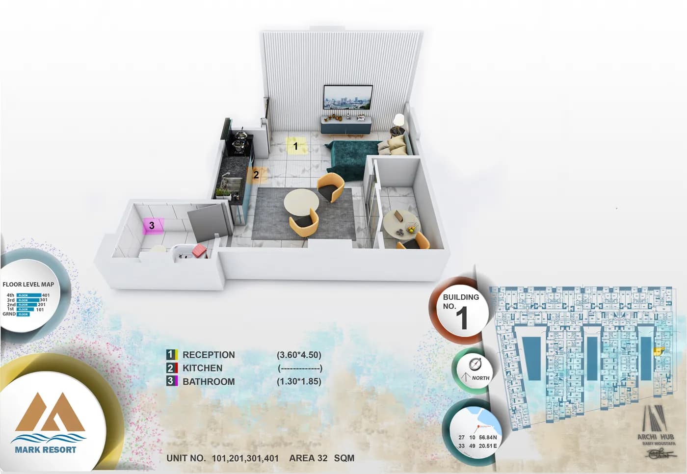 3D floor plan render of unit 301