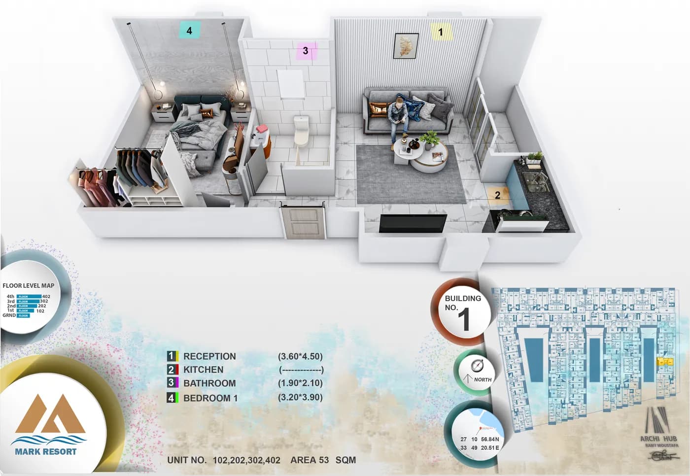 3D floor plan render of unit 202