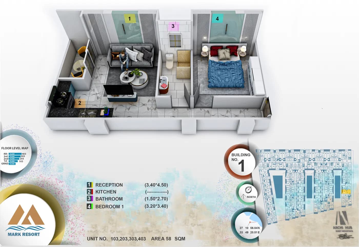 3D floor plan render of unit 103
