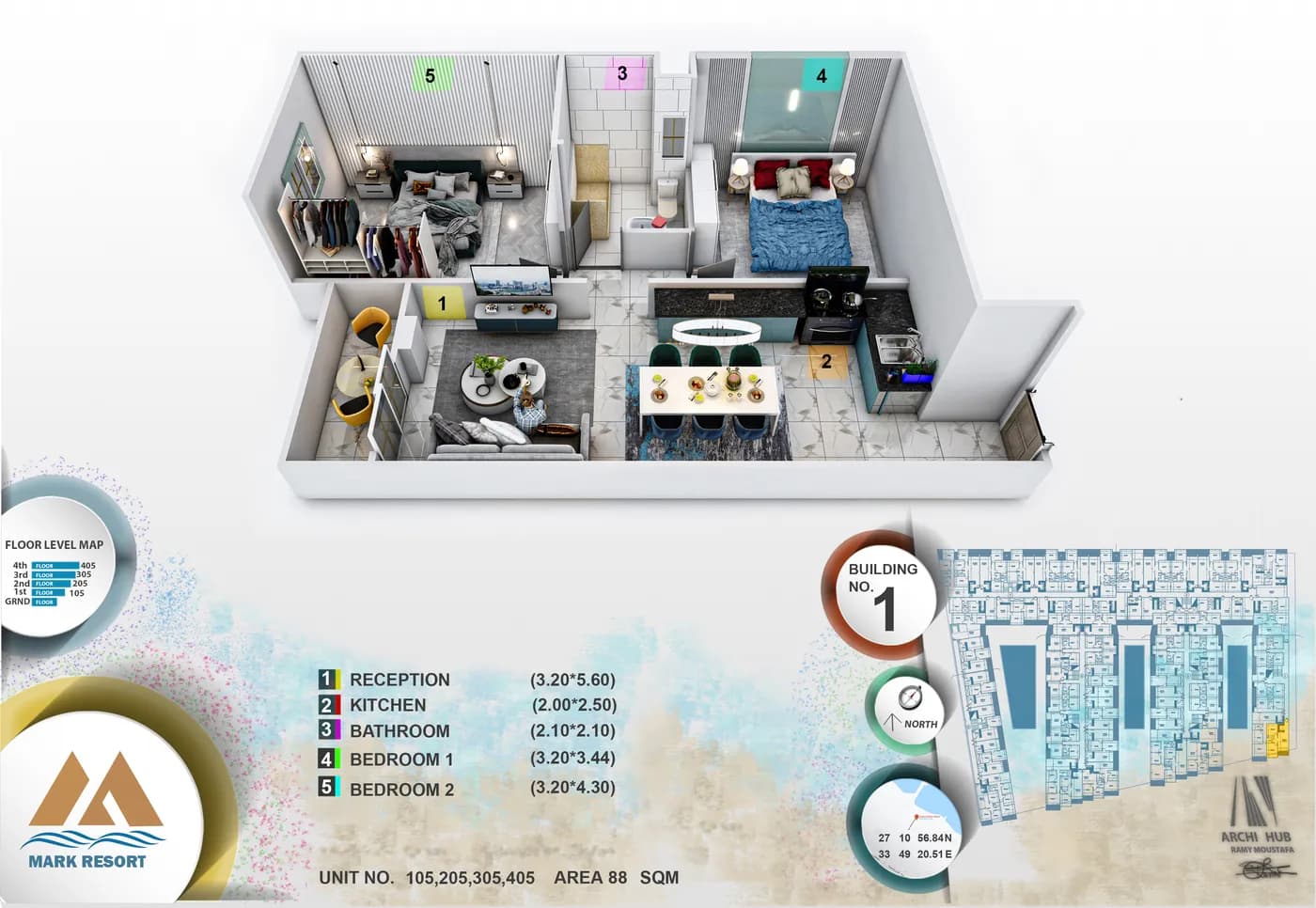 3D floor plan render of unit 405