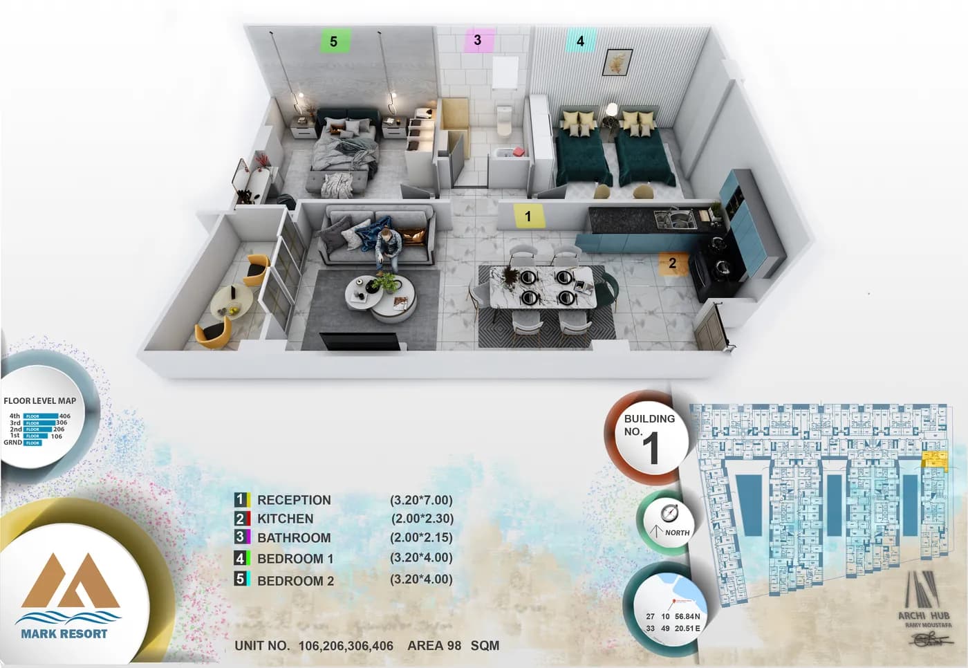3D floor plan render of unit 106