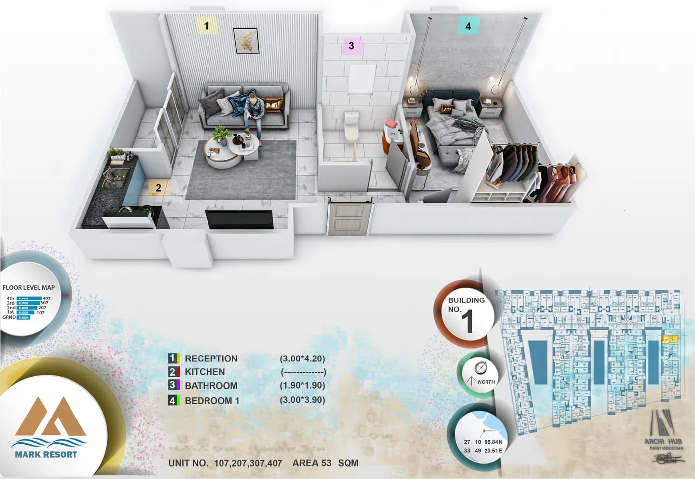 3D floor plan render of unit 107