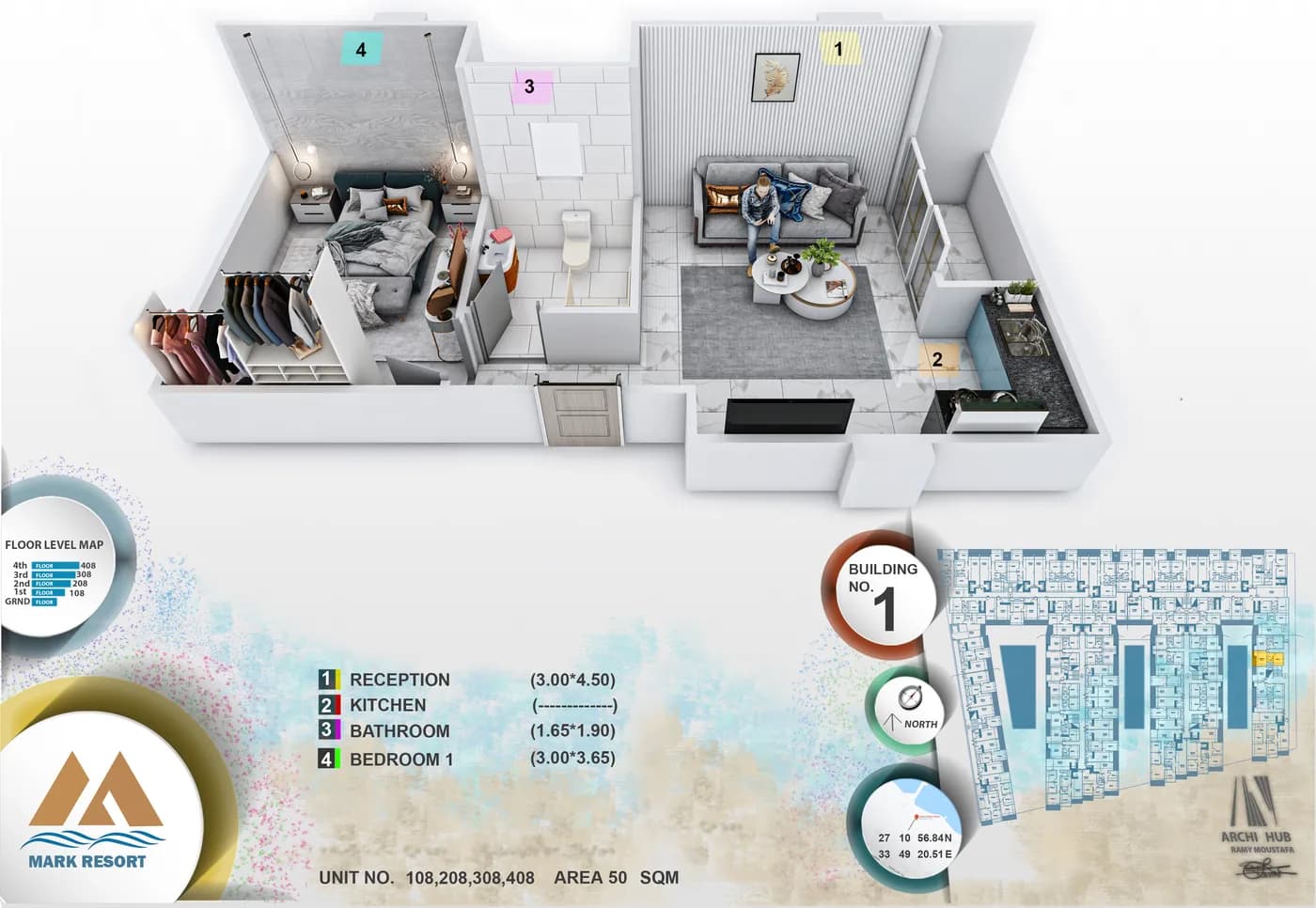 3D floor plan render of unit 408