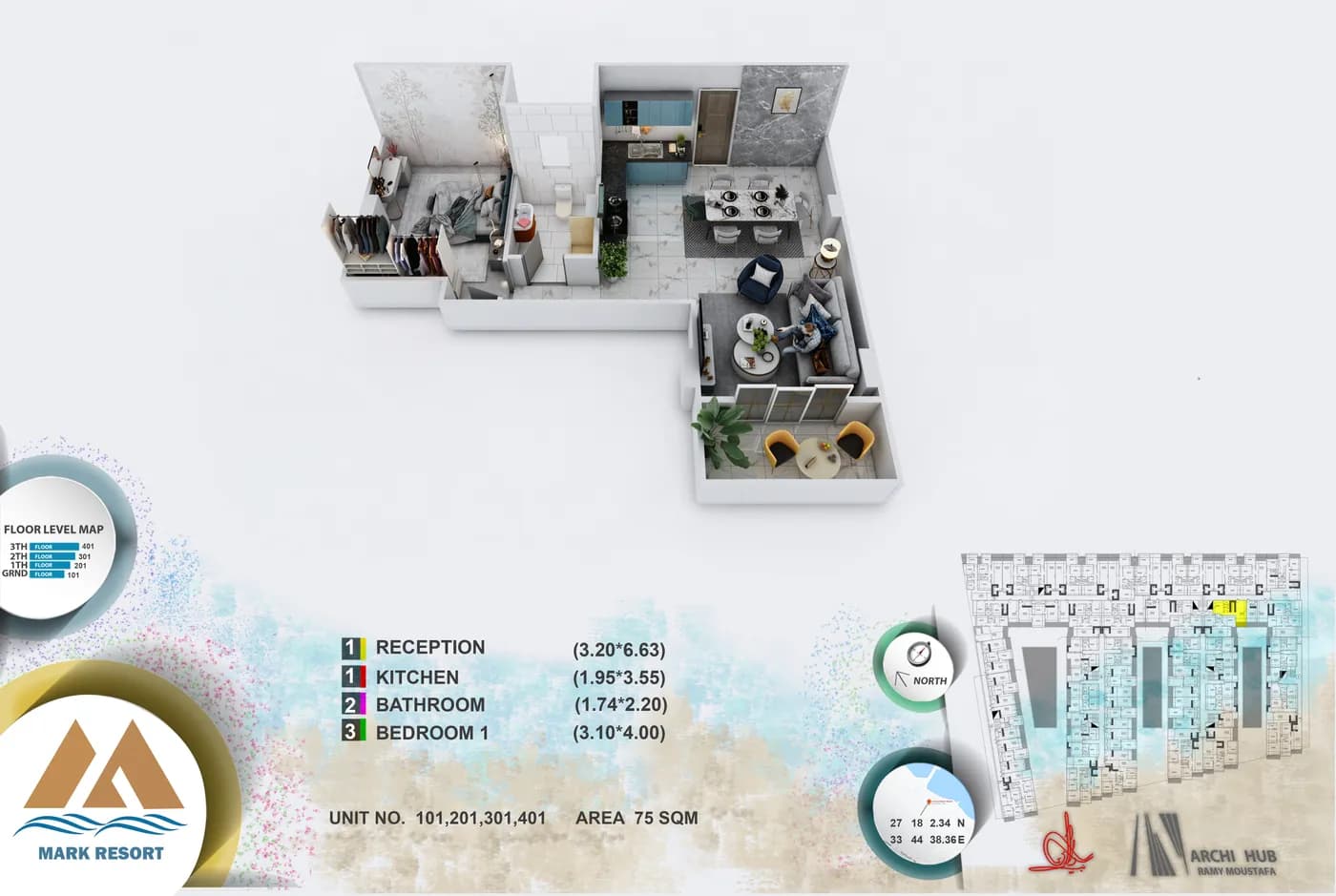 3D floor plan render of unit 101