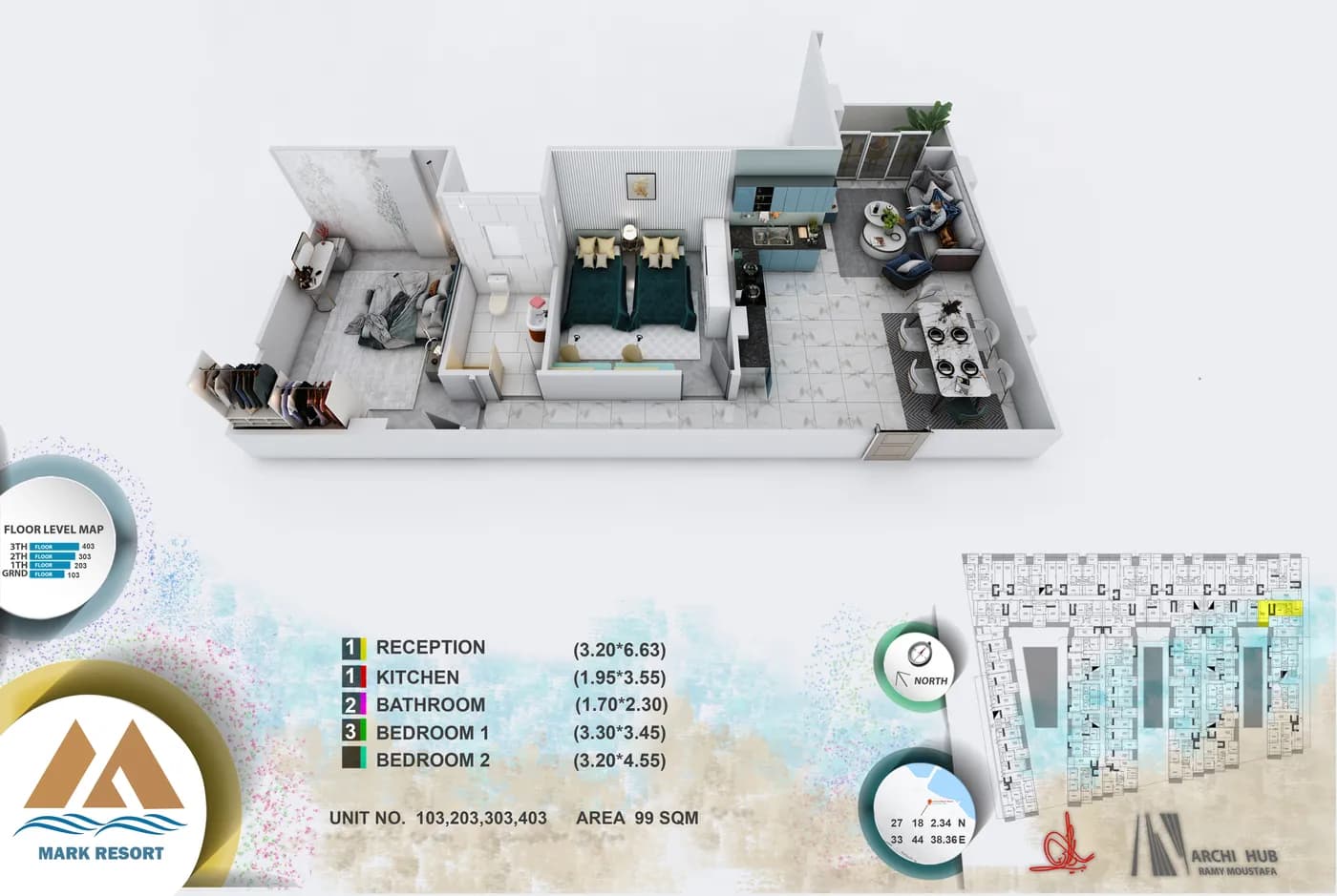 3D floor plan render of unit 103