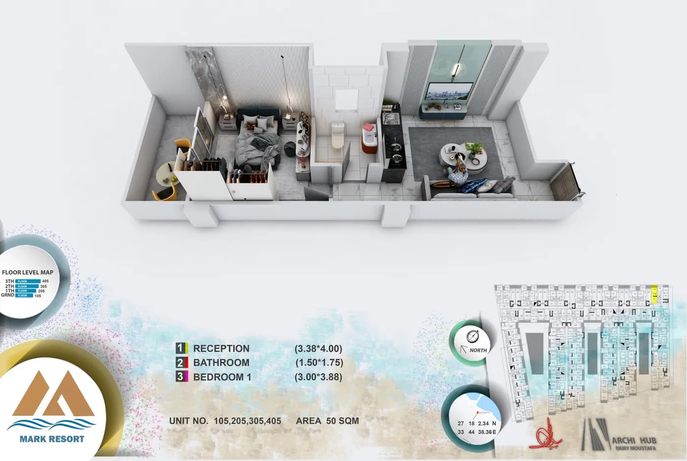 3D floor plan render of unit 305