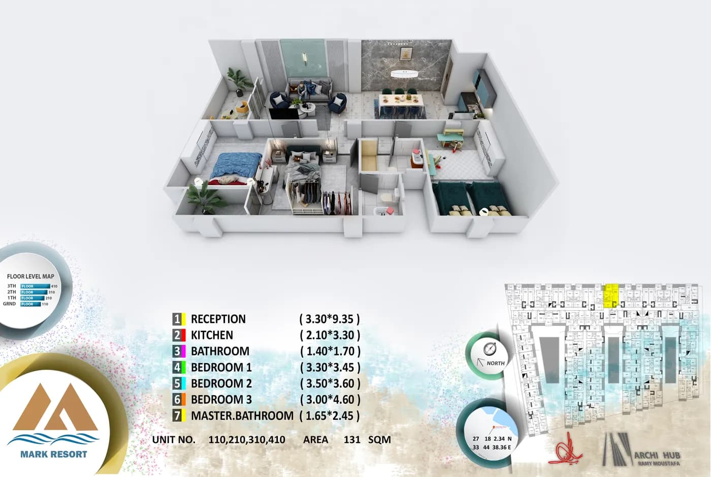 3D floor plan render of unit 110