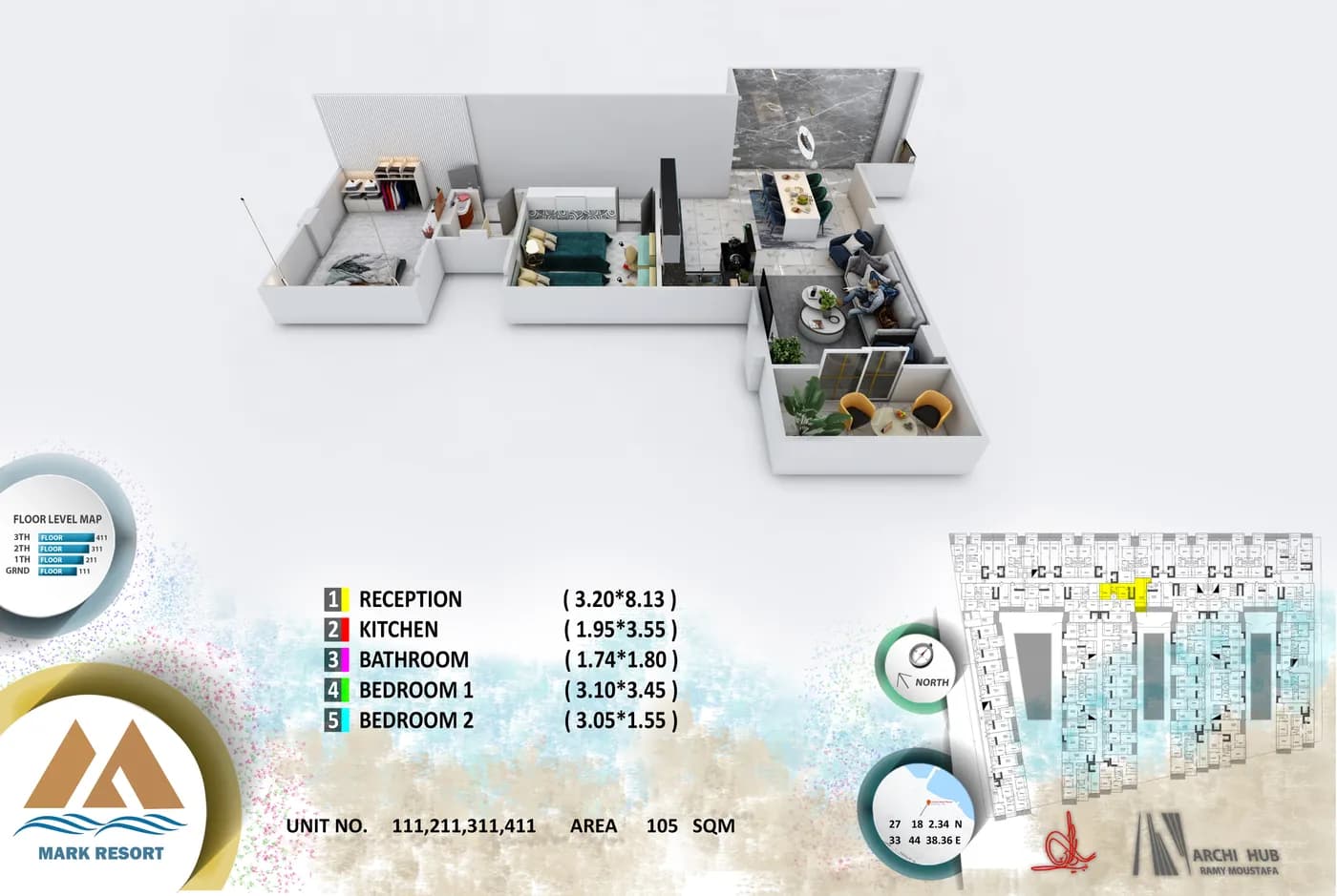 3D floor plan render of unit 111
