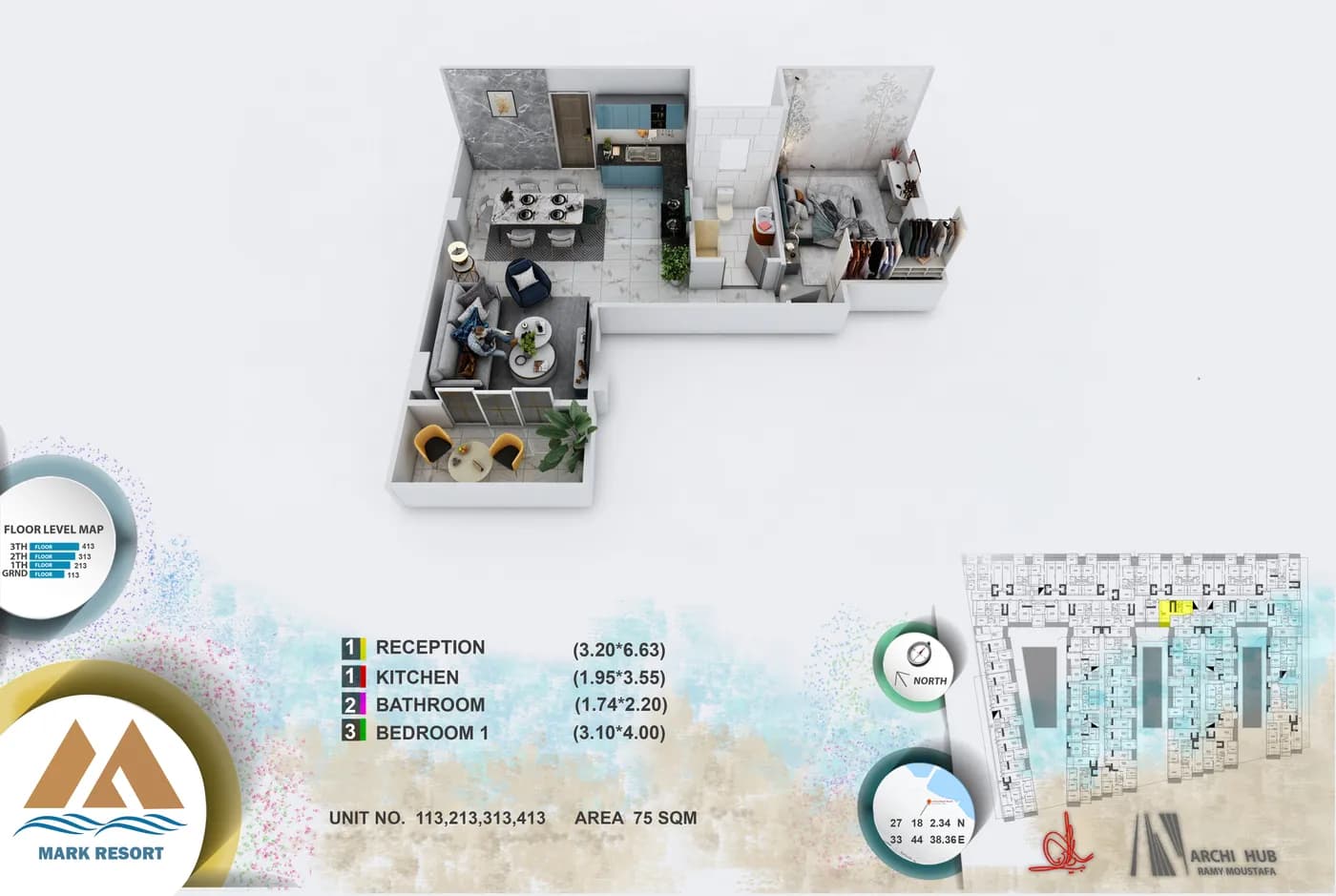 3D floor plan render of unit 113
