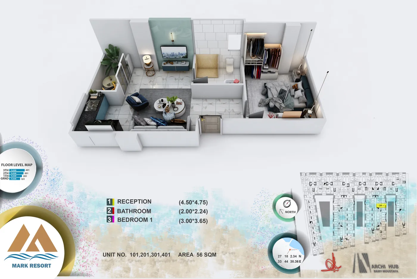 3D floor plan render of unit 101
