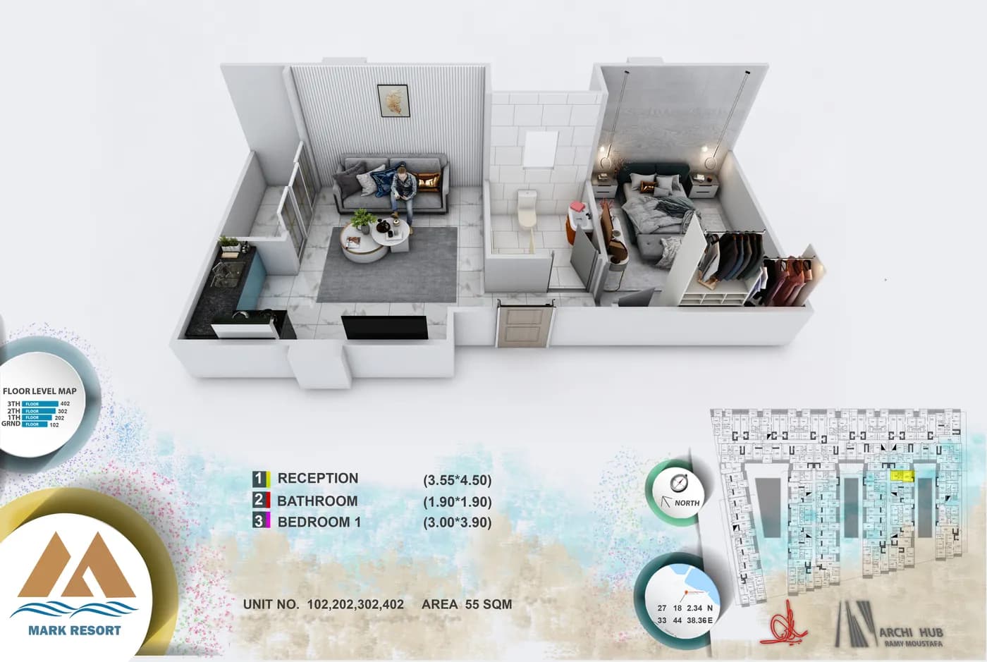 3D floor plan render of unit 202